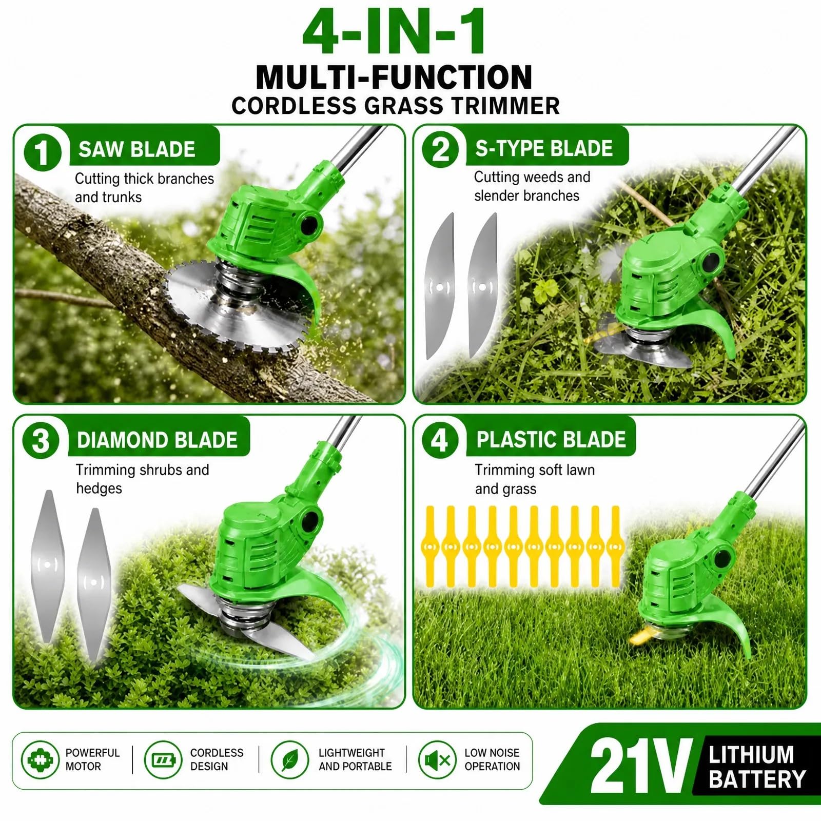 Debroussailleuse Electrique sans Fil 21V, Coupe Bordure sans Fil avec Batterie et 4 Types de Lames, Débroussailleuses Electrique Batterie pour la Coupe de Jardin, Pelouses et Terres Agricoles