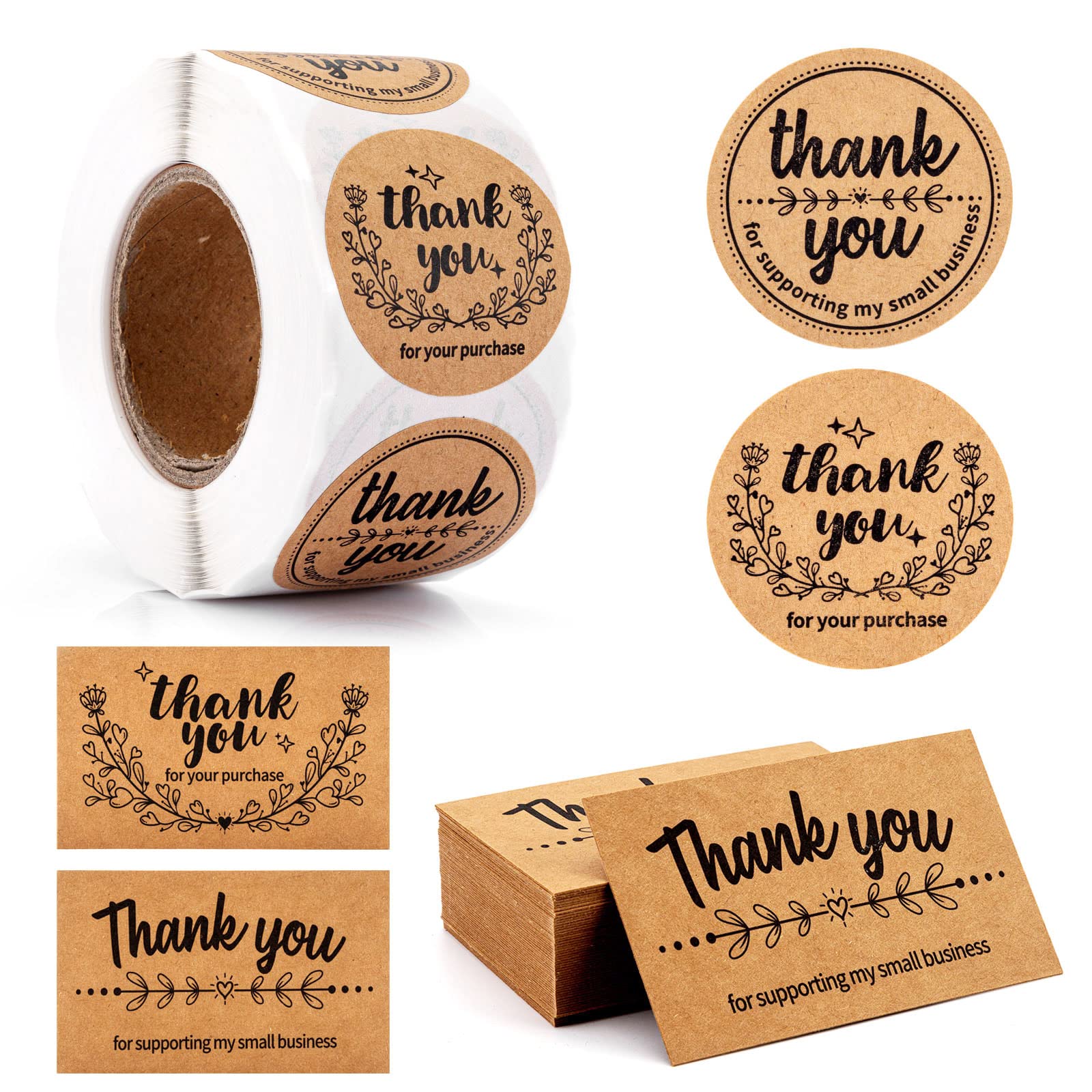 HOMANGA 100pcs Small Business Thank You Cards & Stickers, 2 Styles, Kraft Paper for Small Business Owners Online Shops, Retail Stores