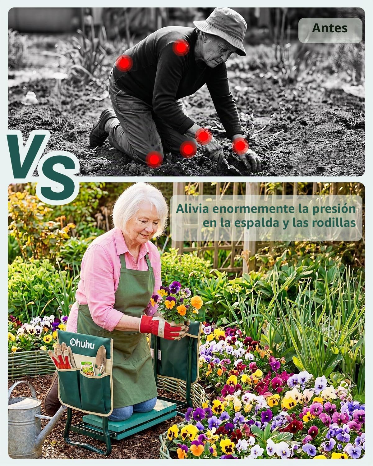 Ohuhu Taburete de jardín, Asiento plegable con almohadilla suave 2 grandes bolsas de herramientas, taburete plegable de jardín mejorado, ideal para padres, ancianos