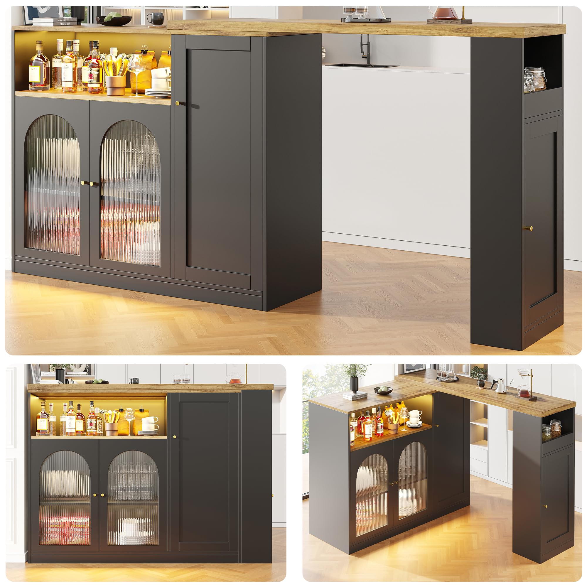 Credenza Moderna Girevole 360° con Luce LED, Vetro Changhong - Multifunzione: Mobile Bar, Cantinetta Vini, Scrivania Legno, Angolo Caffè - Nero Opaco/Venatura Legno 197x40x100 cm