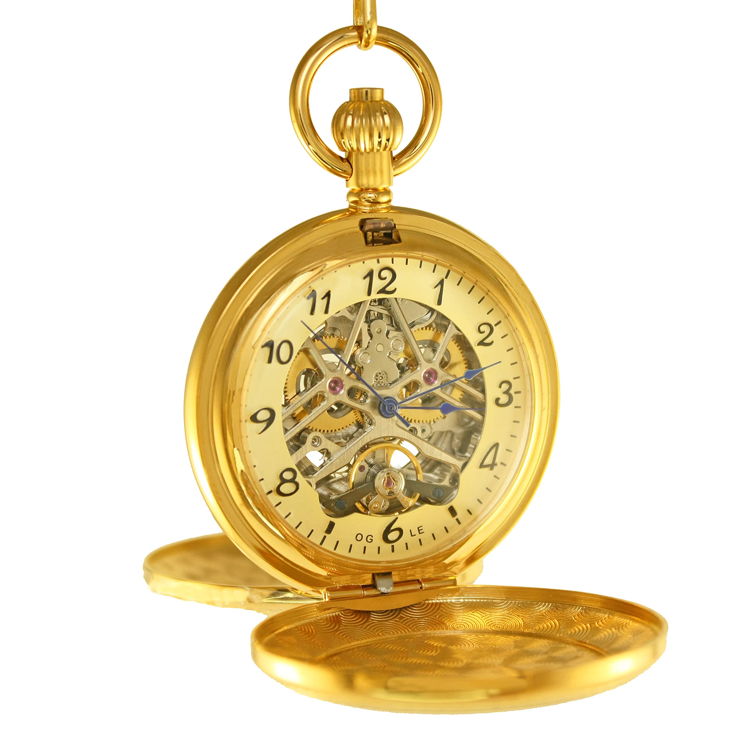 Ogle Vintage Double Copper Cover Case Dual Movement Skeleton Chain Fob Self Winding Automatic Mechanical Pocket Watch