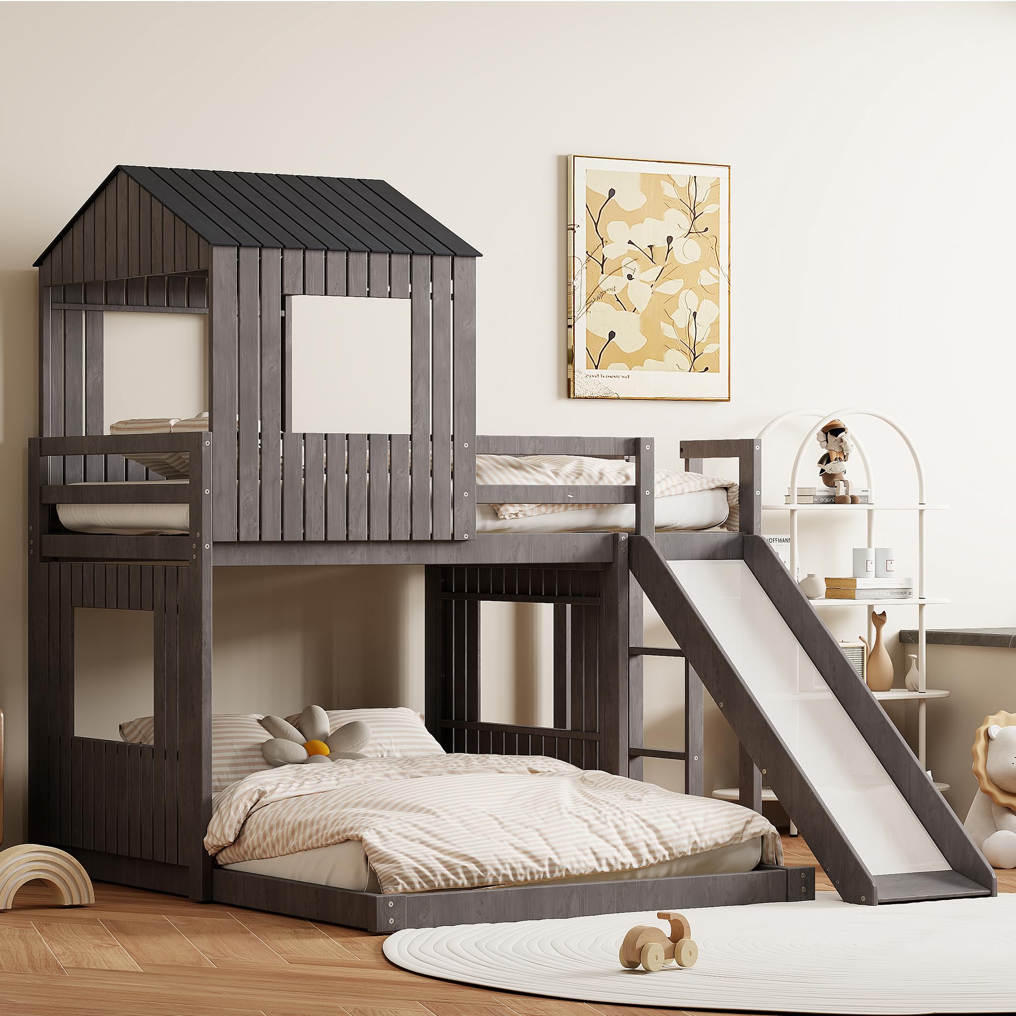 Harper & Bright Designs House Bunk Bed with Slide,Wood Twin Over Full Bunk Bed with Roof,Ladder & Safety Guardrail,Floor Bunk Loft Bed for Kids,Teens,No Box Spring Needed, Antique Grey