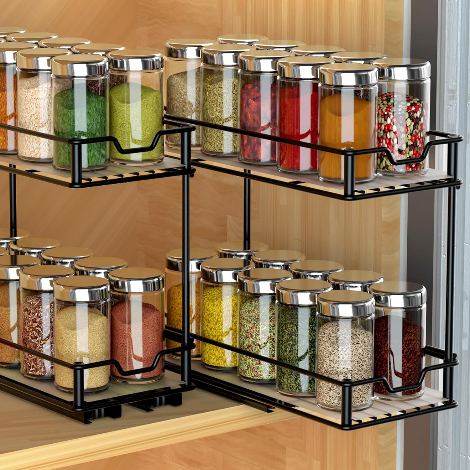Pull Out Spice Rack Organizer for Cabinet-2 Packs-2 Tier Slide Out Spice Rack, Sliding Spice Organizer Shelf, 4.48''W x 10.23''D x 8.55''H.