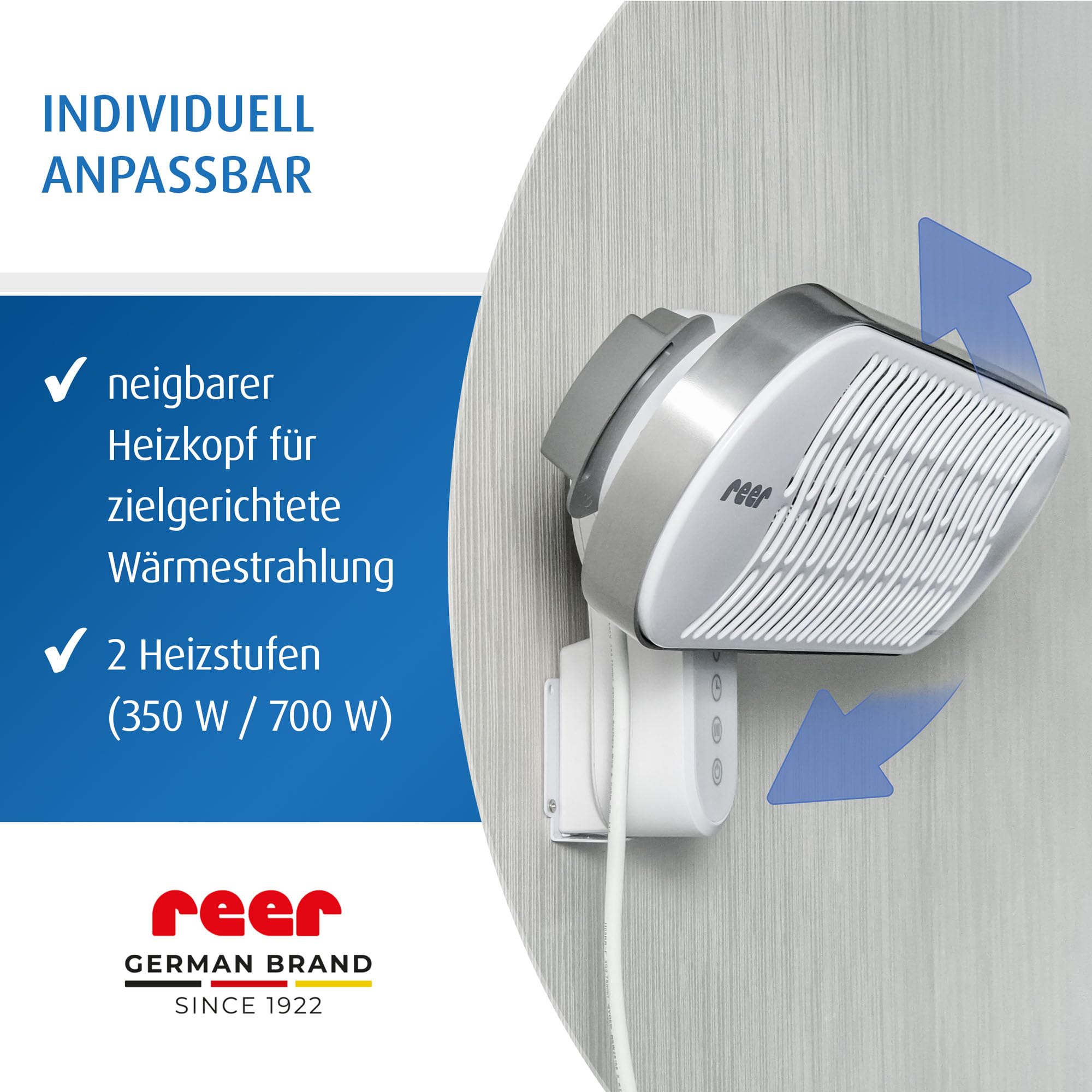 reer HeatCare+ Wickeltisch-Wärmestrahler | EcoHeat Carbon Heizelement | Infrarot-Heizstrahler mit neigbarem Kopf | Wärmespender für Babys | Energiesparend | Wandgerät mit Fernbedienung