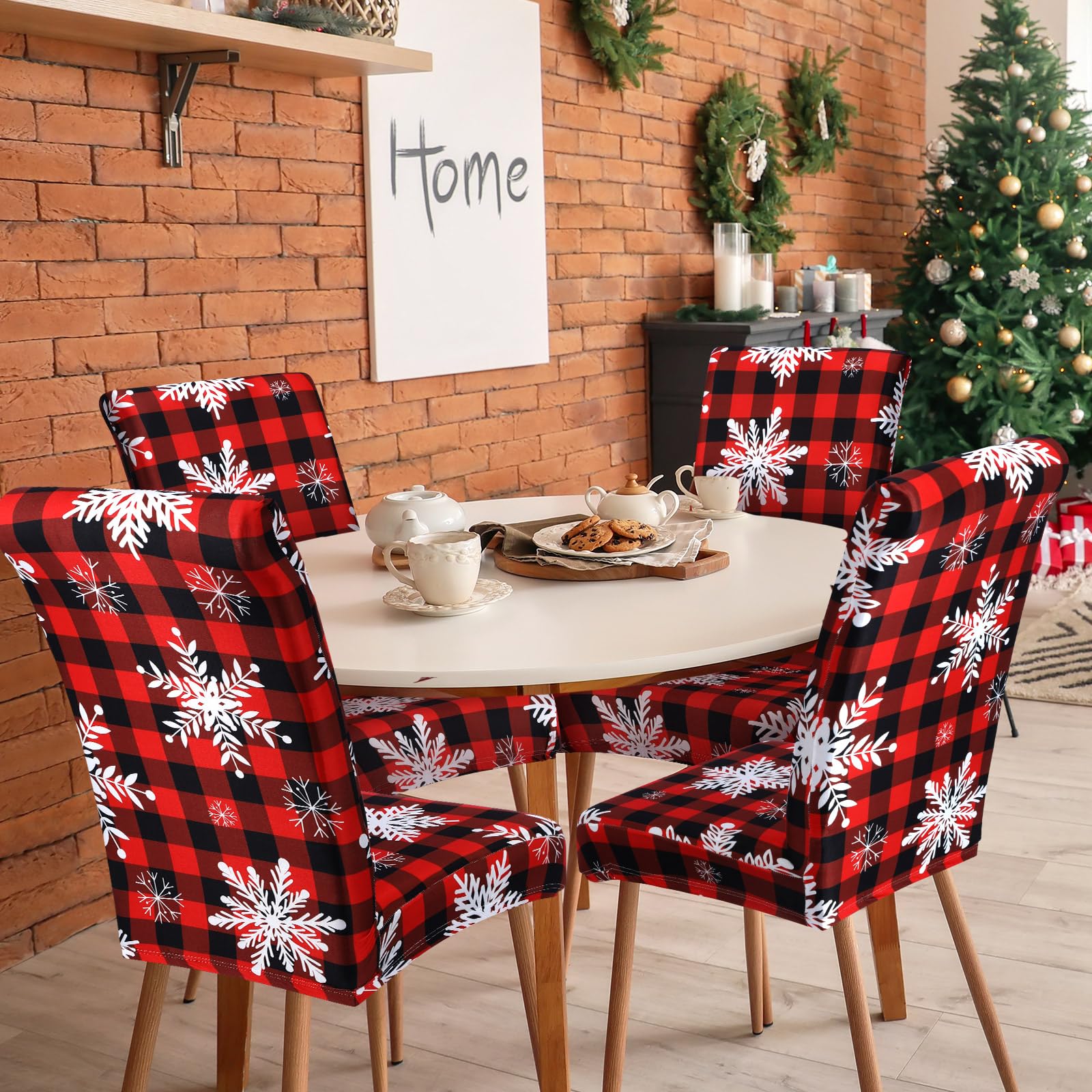 Preboun 6 Pcs Christmas Chair Covers Dining Protector Removable Washable Stretch Xmas Tree Snowman Elk Buffalo Plaid Slipcovers Hotel Party Wedding H - View #2