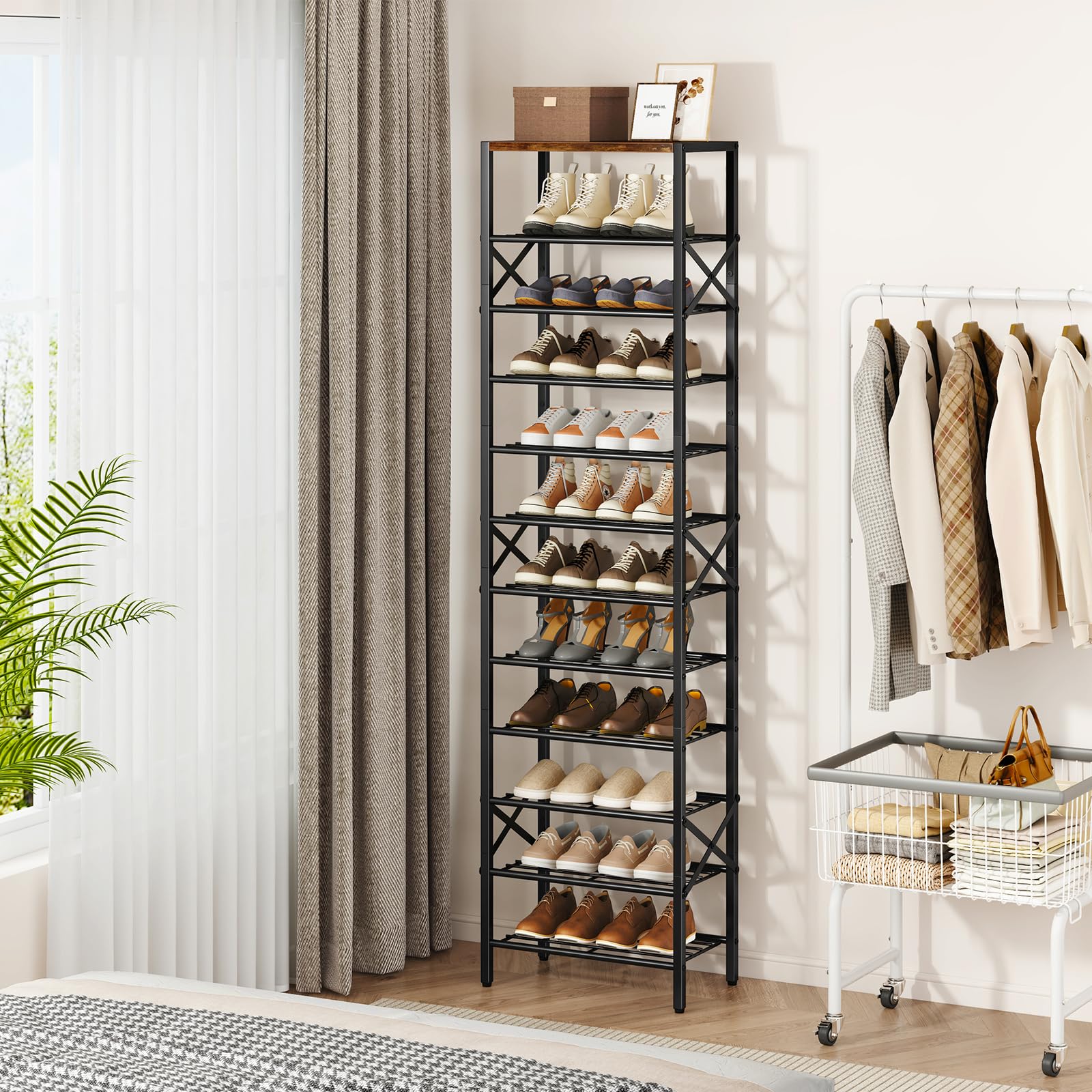 IBUYKE Schmal Schuhregal mit 12 Etagen, Vertikales Hohe Schuhregal mit Ablage für 24 Paar Schuhe, Platzsparend Metall Schuhablage für Eingang Flur Wohnzimmer, Rustikale Braun und Schwarz TXJ012H
