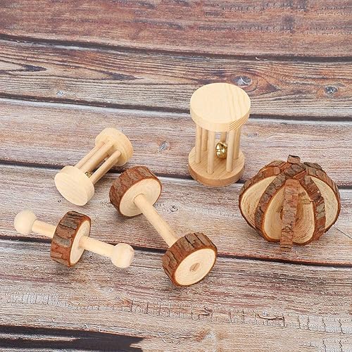 Miniatura 4 de ViaGasaFamido Juguete masticable para hámster, 5 piezasset de pequeñas mascotas de madera natural de seguridad jugando juguete de masticar hámster