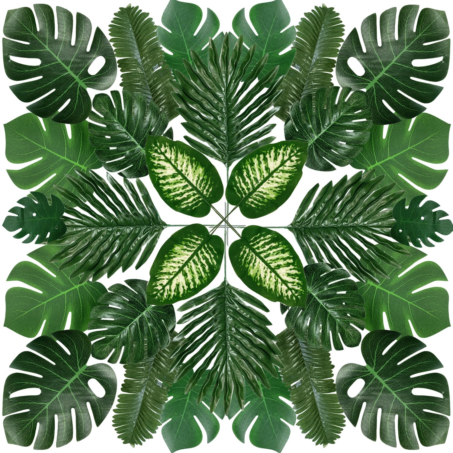 QUOZUO 68 Pieces Jungle Party Decorations, Artificial Palm Leaves Green Tropical Leaves with Stems, Jungle Leaves Decorations for Hawaiian Luau Party Jungle Beach Table