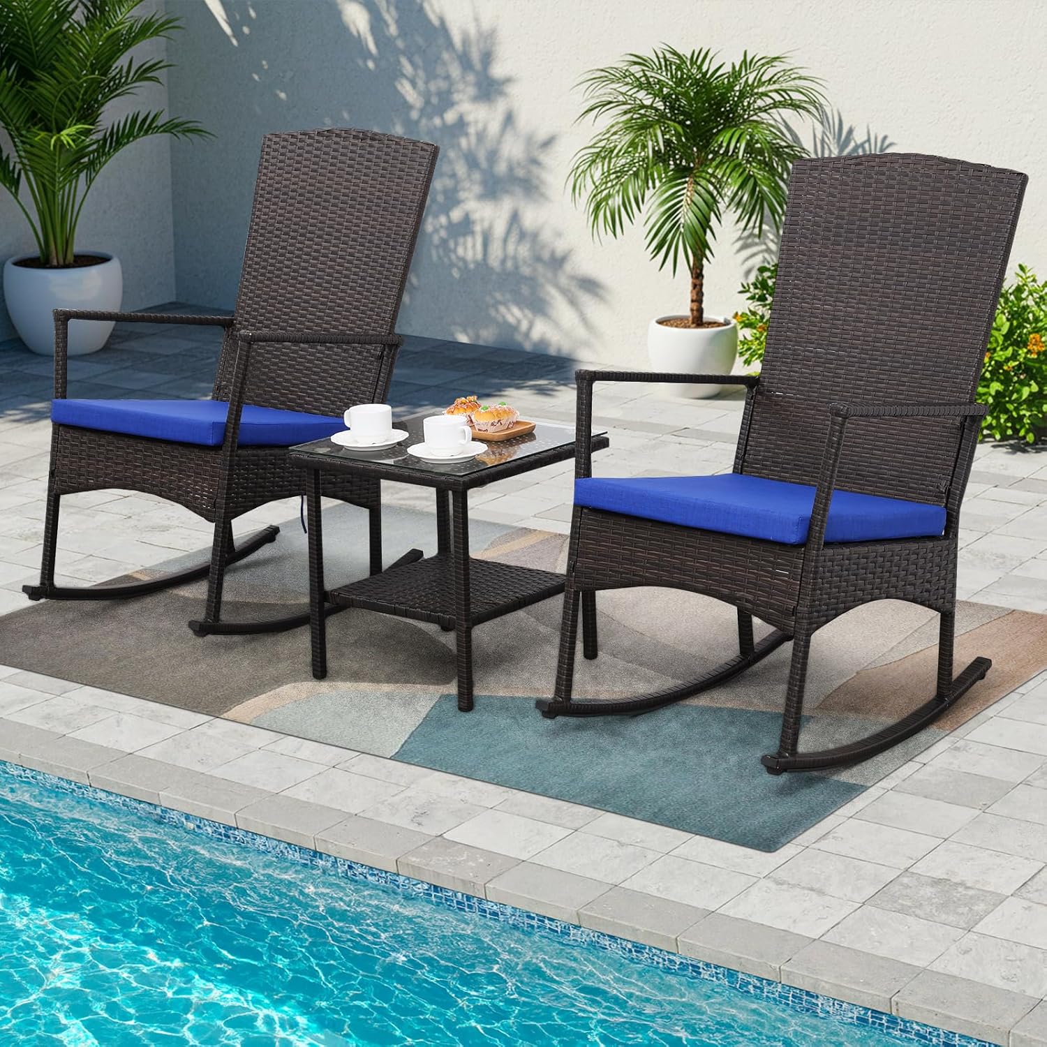 Outdoor PE Wicker Rocking Chair 3-Piece Patio Set