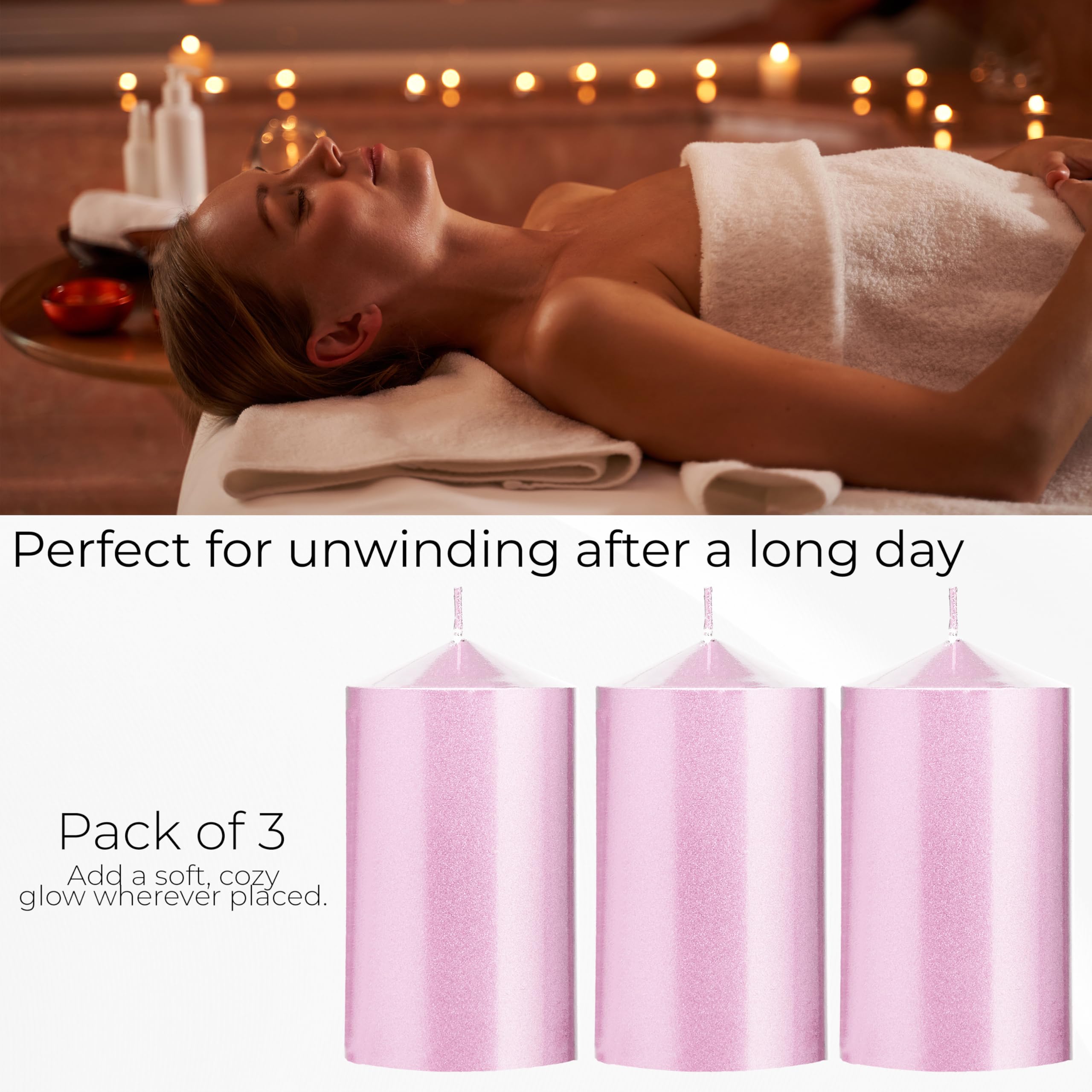 DECO EXPRESS Metallic Stumpenkerzen Set, 3er-Pack, Kerzen Lange Brenndauer, 30 Stunden, Geruchslos (Rose Gold - 3er-Pack) (Packung mit 2)