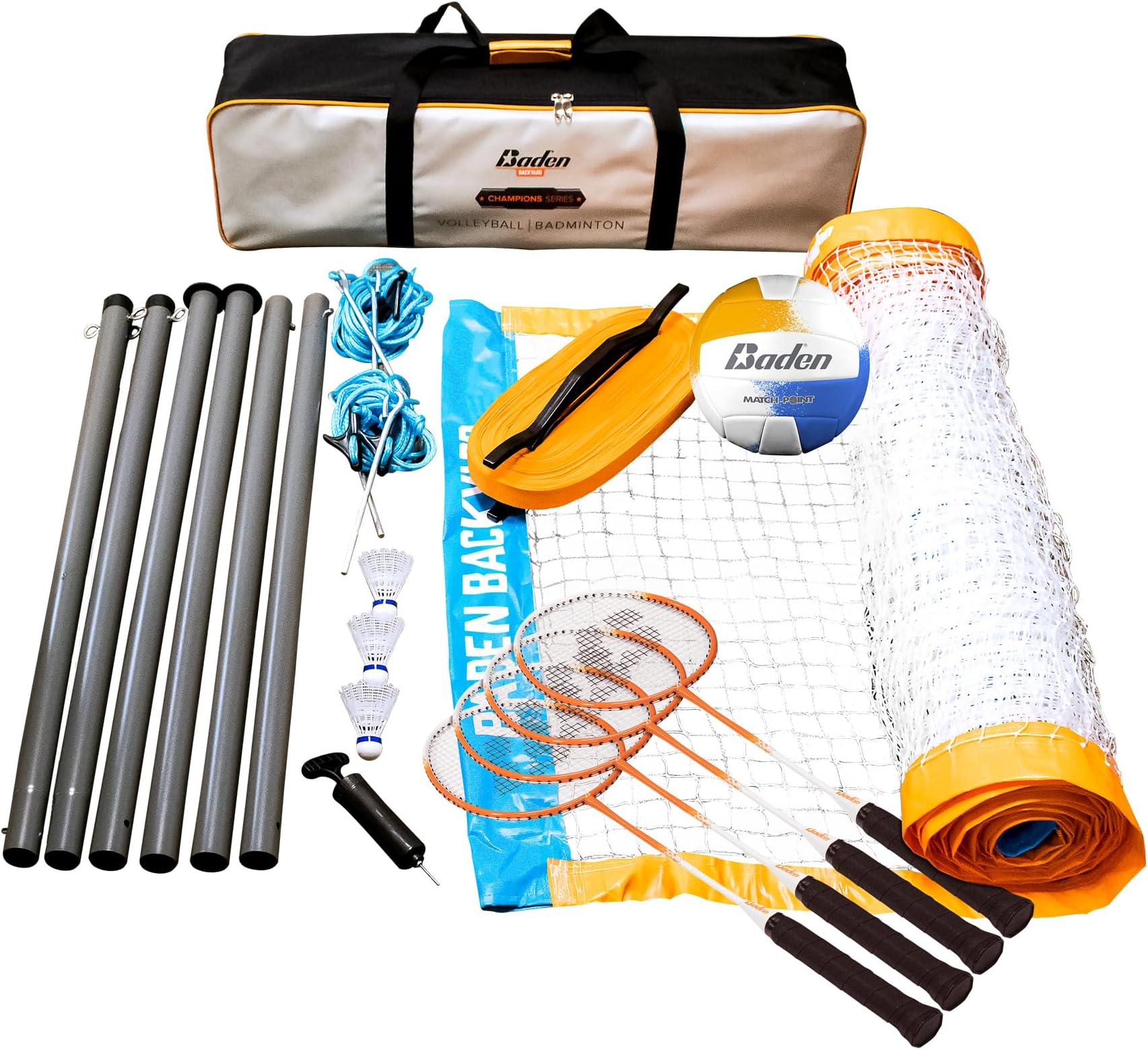 Baden Champions Volleyball/Badminton Portable Combo Set, 4 Raquets + 3 Birdies + Boundary + Volleyball + Pump + Carry Bag