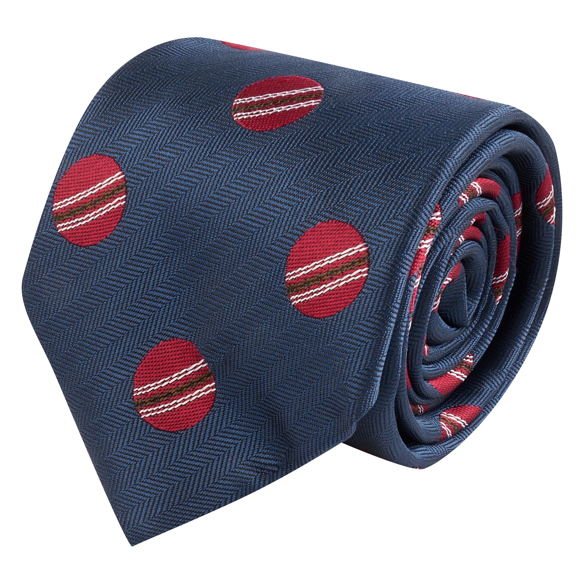 King & Priory Cricket Ball Navy Blue Herringbone Embroidered Tie