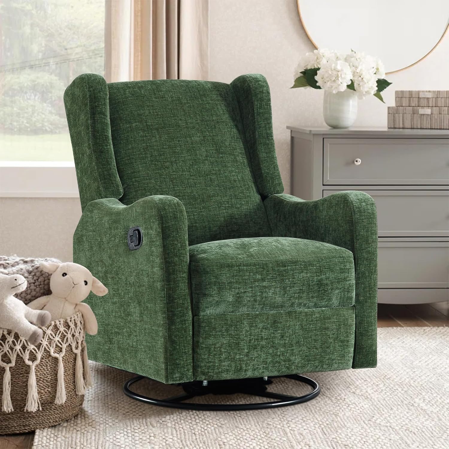 360° Swivel Glider Recliner, Soft Chenille Mid Century Modern Upholstered Ergonomic Rocker Comfy Wingback Accent with Curved Arm Sillas Reclining Chair Living Room Bedroom Lounge Reading Nursery Green