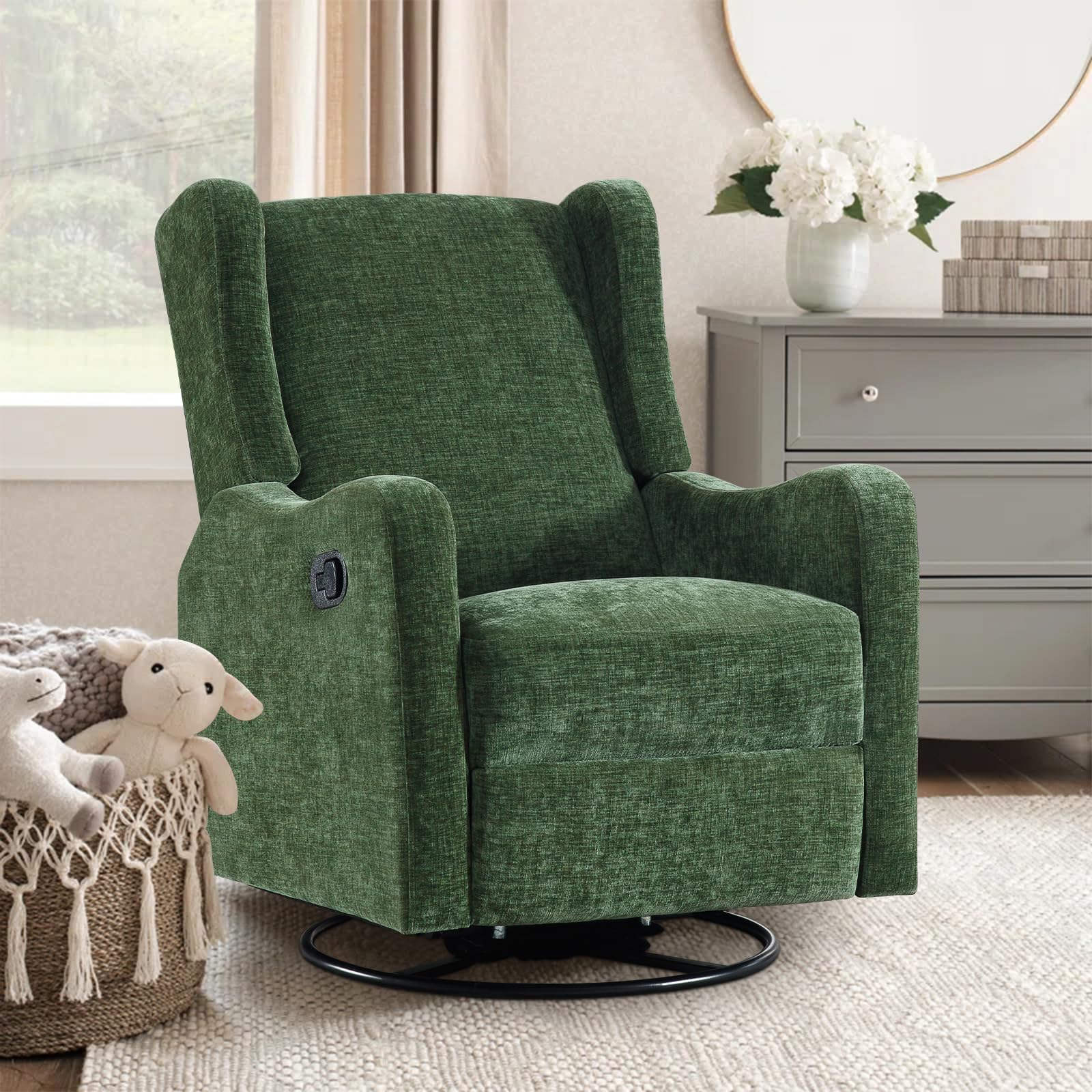 360° Swivel Glider Recliner, Soft Chenille Mid Century Modern Upholstered Ergonomic Rocker Comfy Wingback Accent with Curved Arm Sillas Reclining