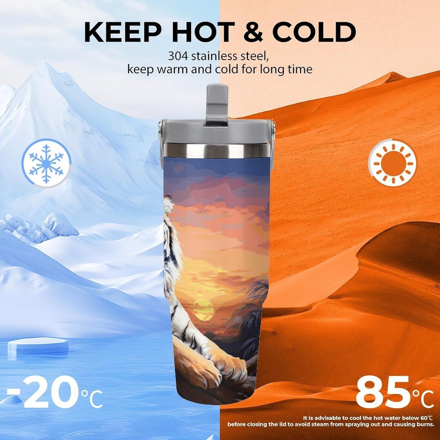 Tiger Colorful Sunset Water Bottle 30 Oz Fits Car Cup Holder,Insulated Coffee Mug Large Capacity Car Cups,Stainless Steel Double Wall Sport Bottle for Travel Sports Gym
