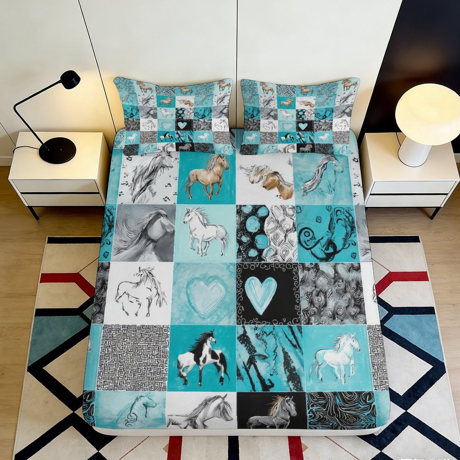 3D Printed Horse Heart Fitted Sheet Microfiber Deep Pocket Non-Slip Horse Mattress Fitted Cover Bedroom Adult Teen 200x200x25cm 90x200x25cm