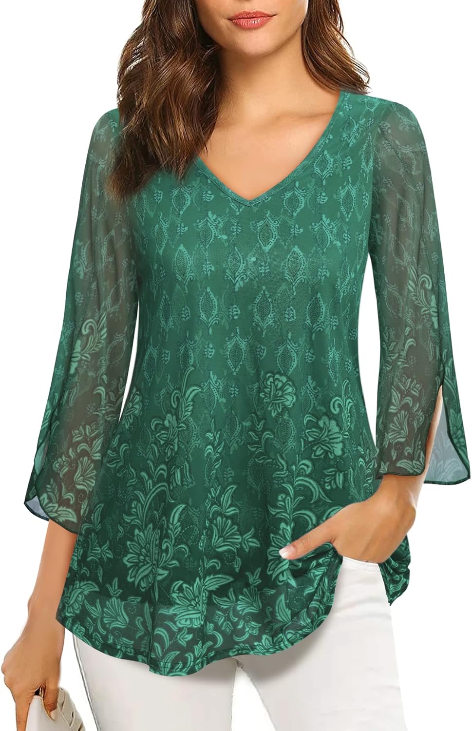 Bebonnie Womens Ruffle 3/4 Sleeve V Neck Double Layers Mesh Blouses Loose Fit Flowy Tunic Tops - Image 3