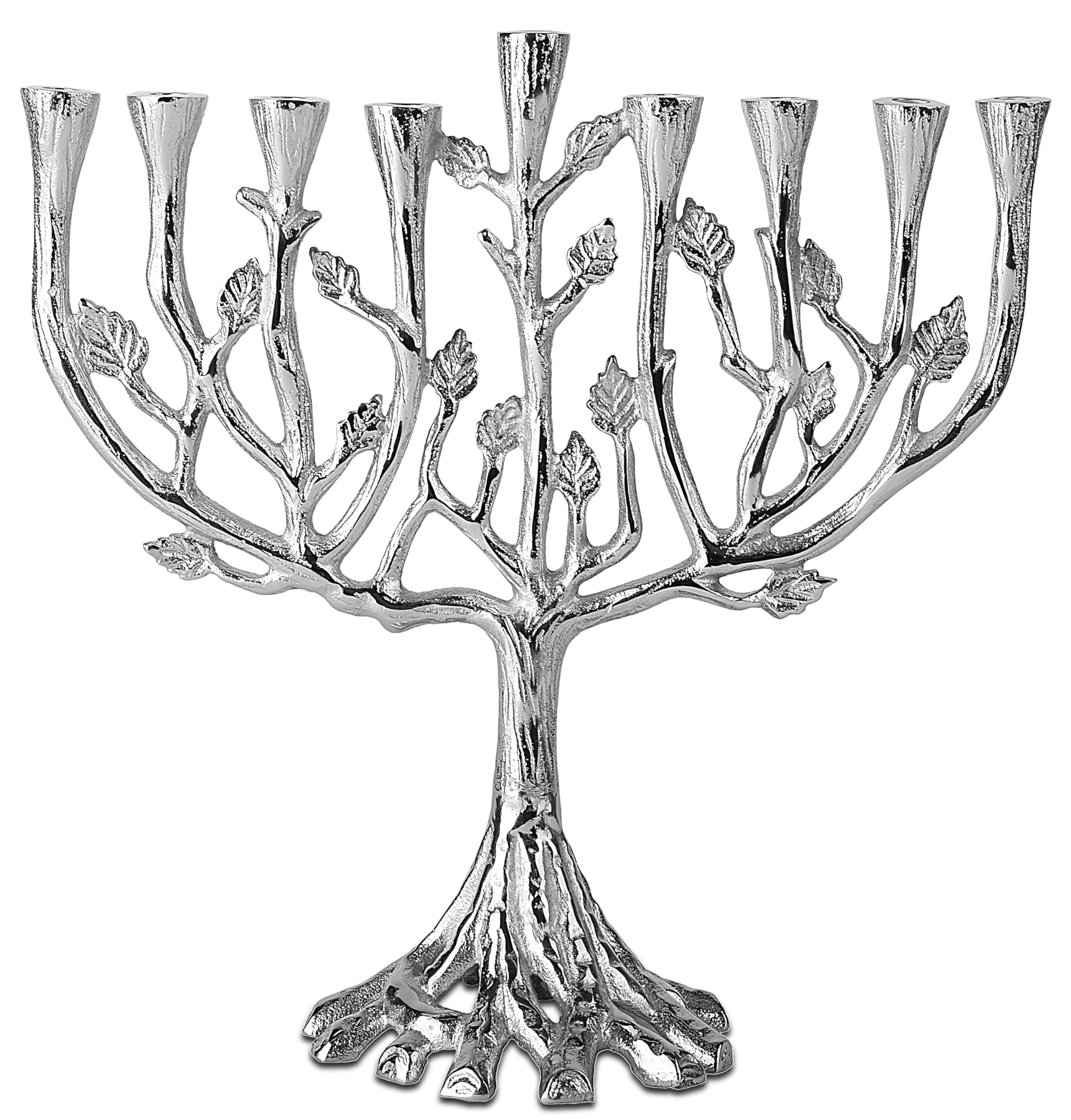 Ner Mitzvah Tree of Life Hanukkah Menorah, Fits All Standard Chanukah Candles, Silver Candle Menorahs for Chanukah - Silver Tone Design