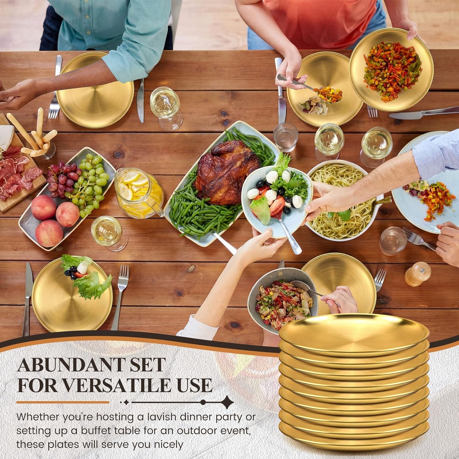 Nuogo 20 Pieces Stainless Steel Gold Plates 9 Inch Gold Dinner Plates Metal Serving Tray Dessert Dishes for Bbq, Salad, Snack, Desserts, Food Serving, Outdoor Camping
