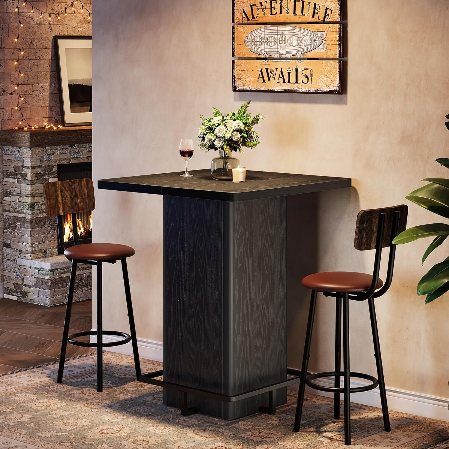 Tribesigns Bar Table, 39.37" High Wooden Square Bistro Pub Table with Metal Frame Footrest for Dining Coffee Cocktail Living Room, Small Space (Black)
