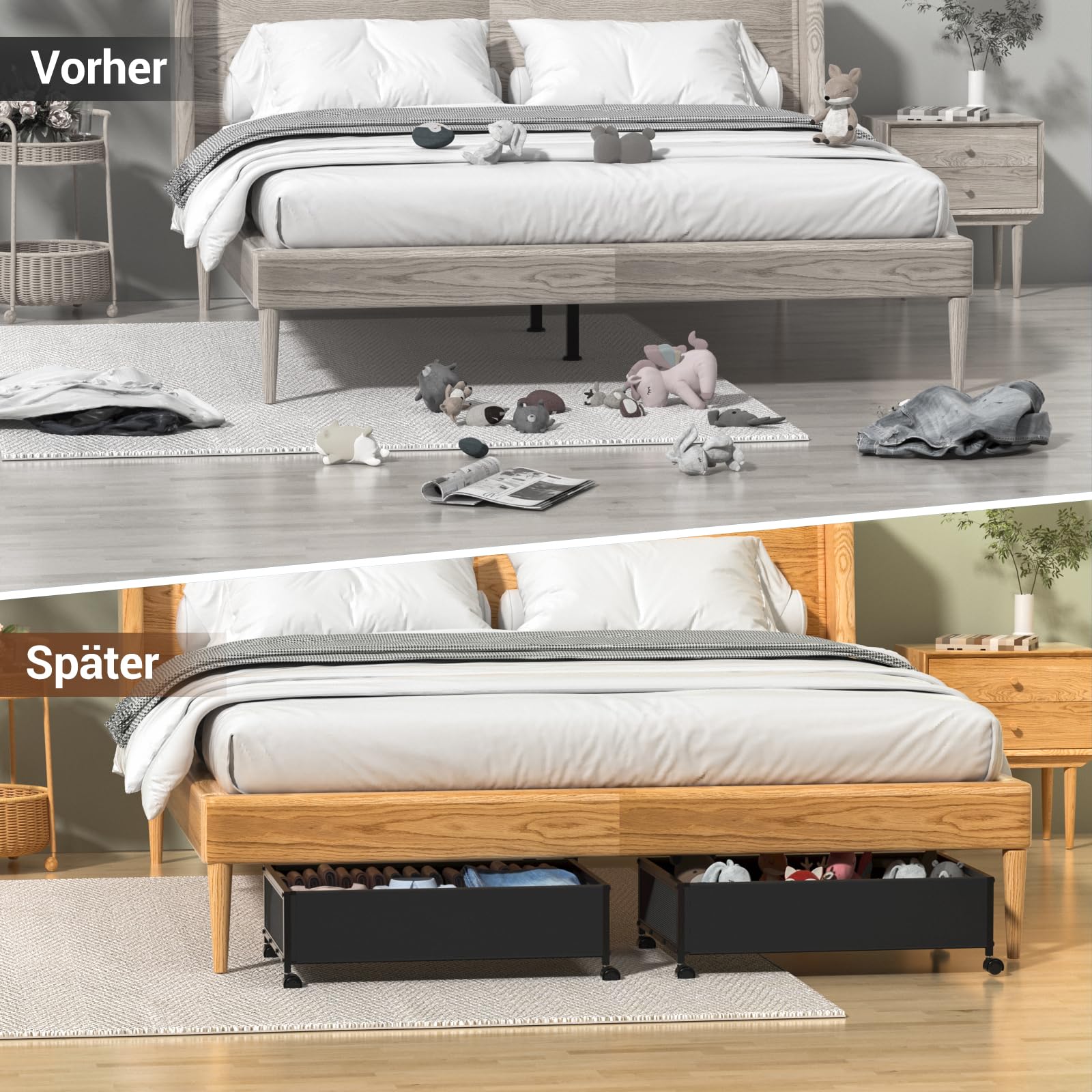 Lot de 2 boîtes de rangement sous le lit avec roulettes et couvercle, cadre en métal, rangement pour couvertures, livres, jouets, vêtements, chaussures