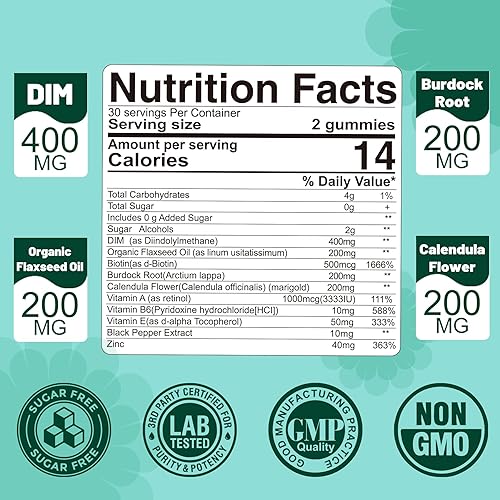 Miniatura 2 de Gomitas DIM sin azúcar  Suplemento DIM de 400 mg con complejo de vitamina E y A B6 biotina y zinc equilibrio de estrógeno para mujeres y hombres