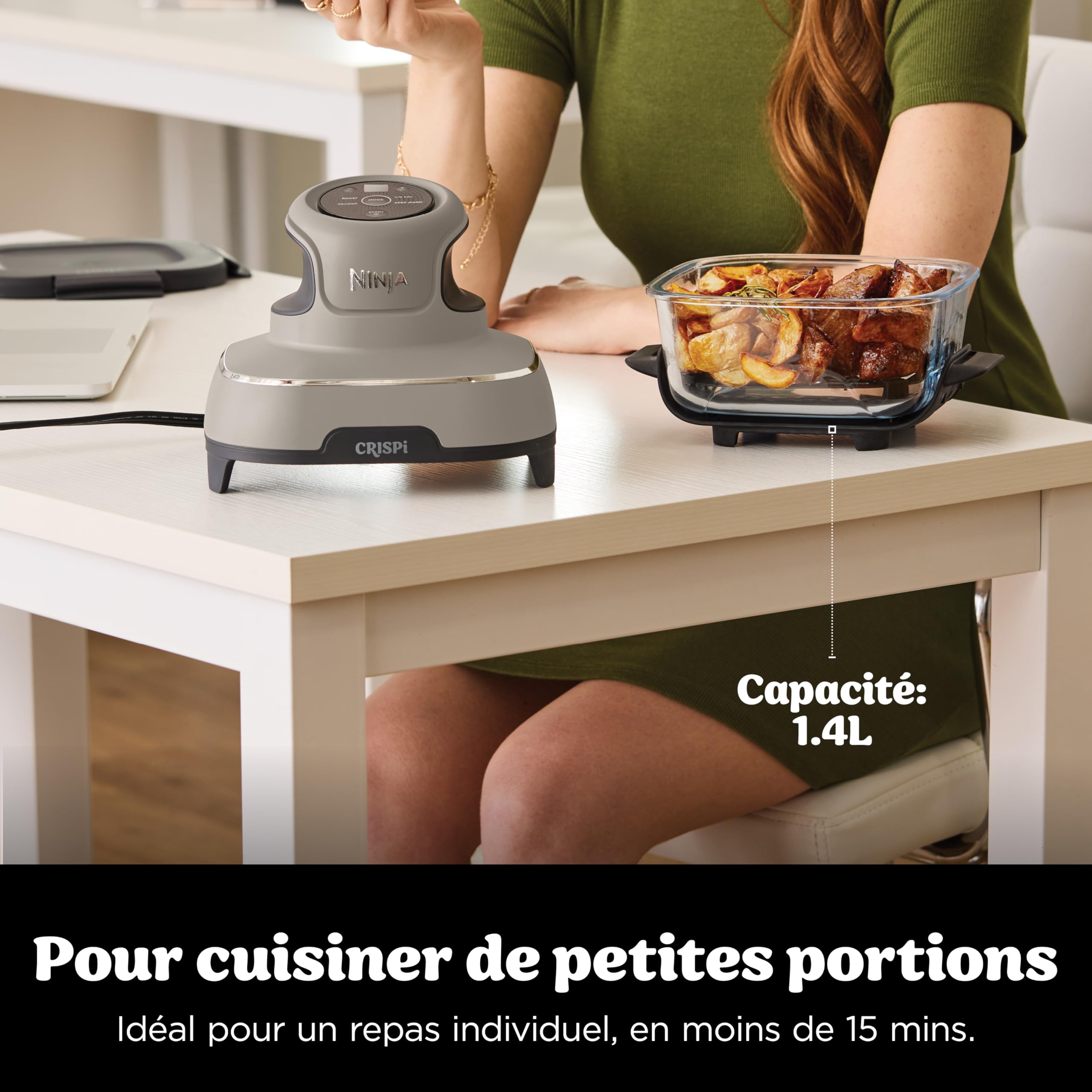 Ninja CRISPi Friteuse sans huile portable, 3,8L, 4-en-1 : Frire sans huile, Rôtir, Garder au chaud, Recroustiller, Design compact, 2 récipients avec couvercles, 1 700 W, Pierre FN101EUST