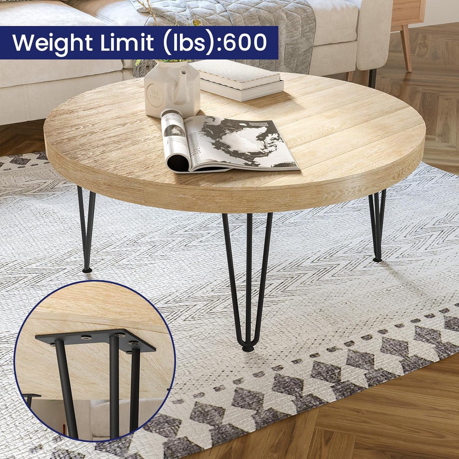 SMARTSTANDARD Hairpin Table Legs 20 Inch, 1/2'' in Diameter 3 Rods, Metal Home DIY Projects for Nightstand, Coffee Table, Dresser with Rubber Floor Protectors, Black, 4PCS