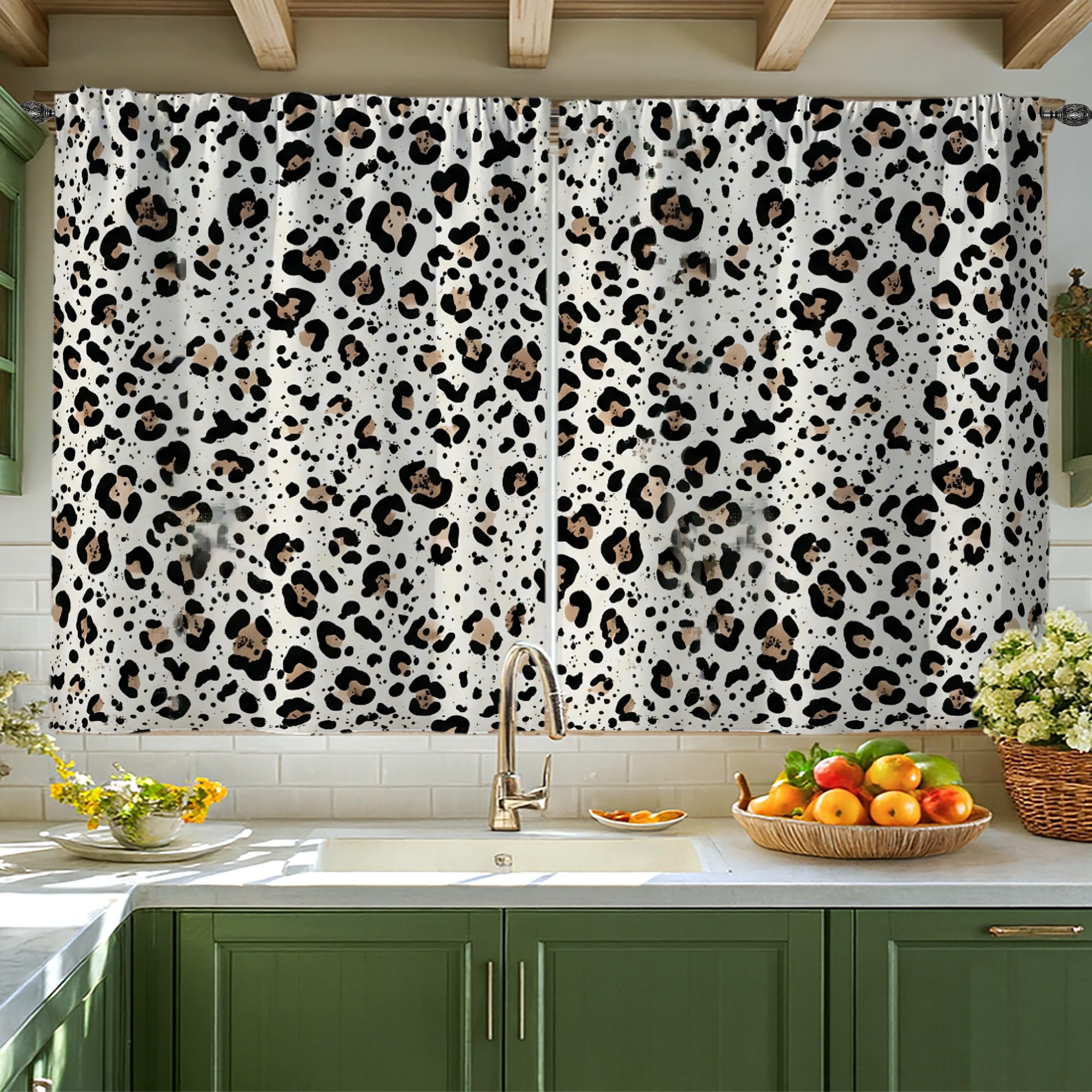 Rideaux de cuisine à étages motif léopard contemporain blanc pur 106,7x114,3cm