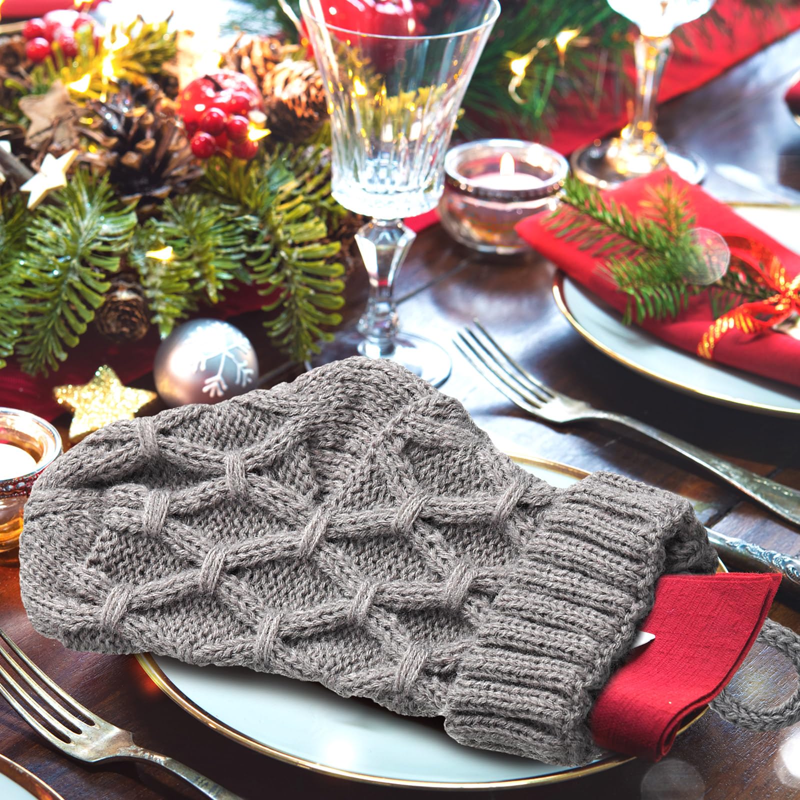 Geyoga Mini-Weihnachtsstrümpfe, gestrickt, 15,2 cm, Zopfstrickstrümpfe, Großpackung, Weihnachtsdekoration für Weihnachtsbaum, Kamin, Urlaub, Party, Gastgeschenk (rot, grün, weiß, grau), 24 Stück