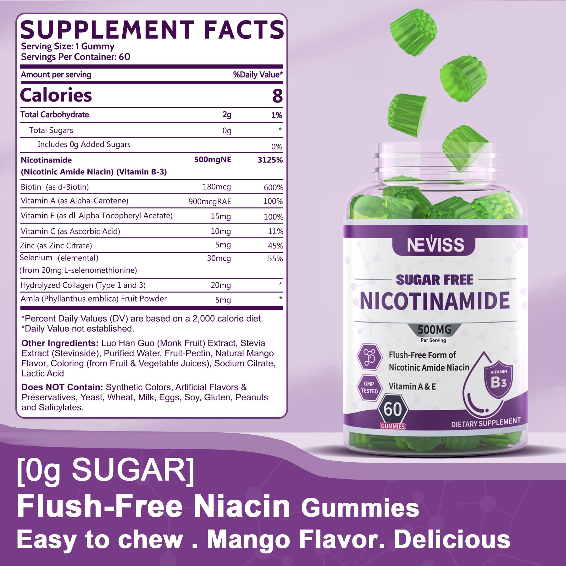 Nicotinamide 500mg Gummies, (Flush Free Niacin) Vitamin B3 Supplement,60Cts — Amazon image 2
