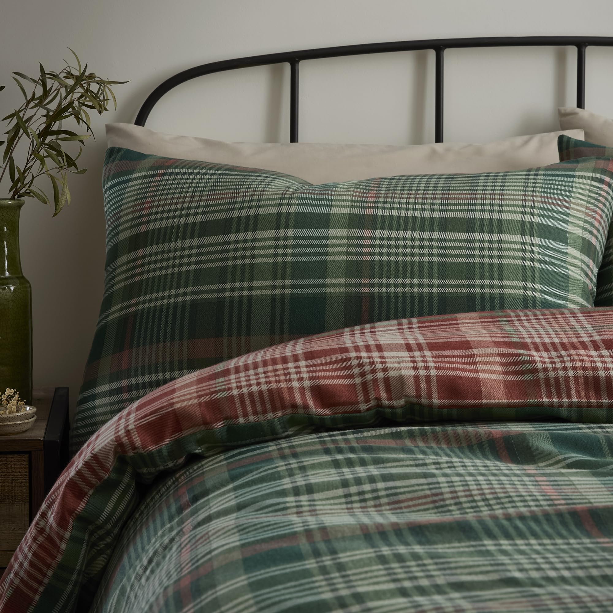 Dreams & Drapes Lodge Bennet - Set copripiumino a quadri, 100% cotone spazzolato, king size 230 x 220 cm, verde, motivo tradizionale a quadri, 2 federe