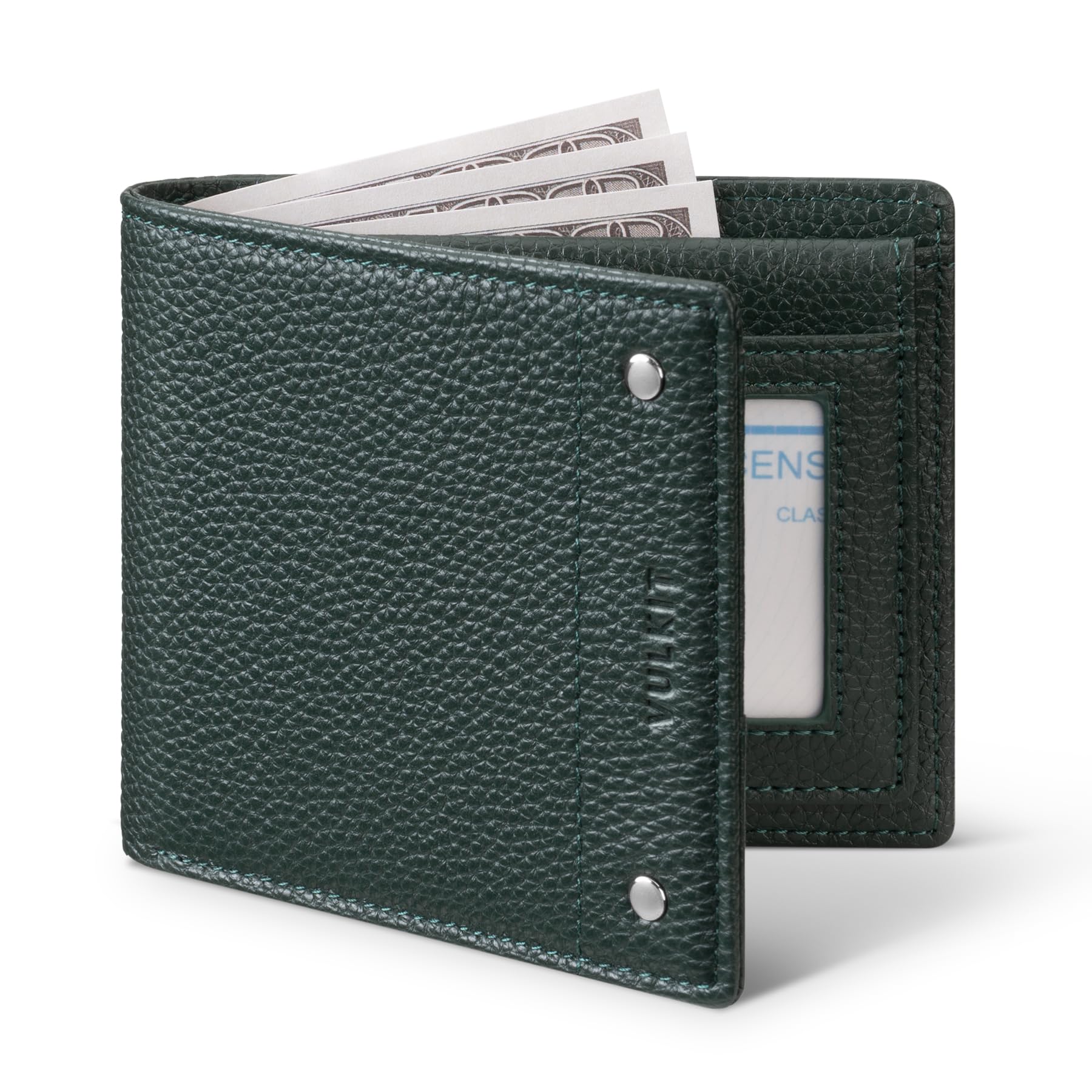 VULKIT Men's Bifold Wallet Genuine Leather Wallet RFID Blocking with Multiple Card Slots and Double ID Windows Everyday Carry Wallet