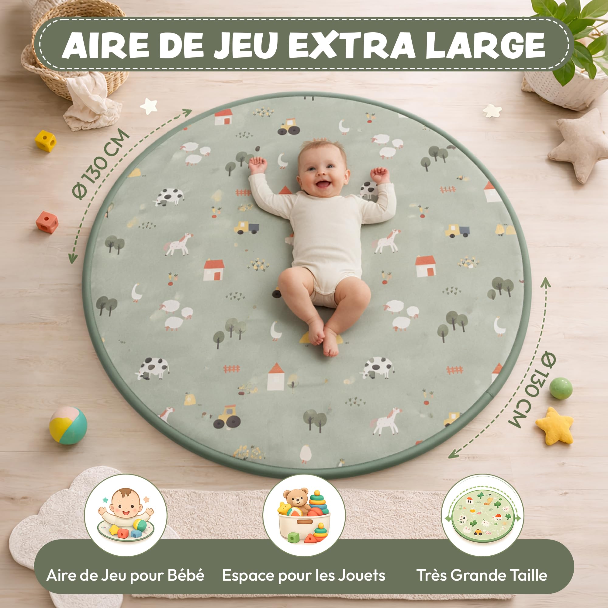 Tappeto Eveil Bebe 2 in 1 convertibile in borsa per riporre giocattoli e borsa per pannolini, tappeto da gioco XL 130 cm, rotondo, in cotone spesso lavabile, regalo per nascita, ragazzo, animali della