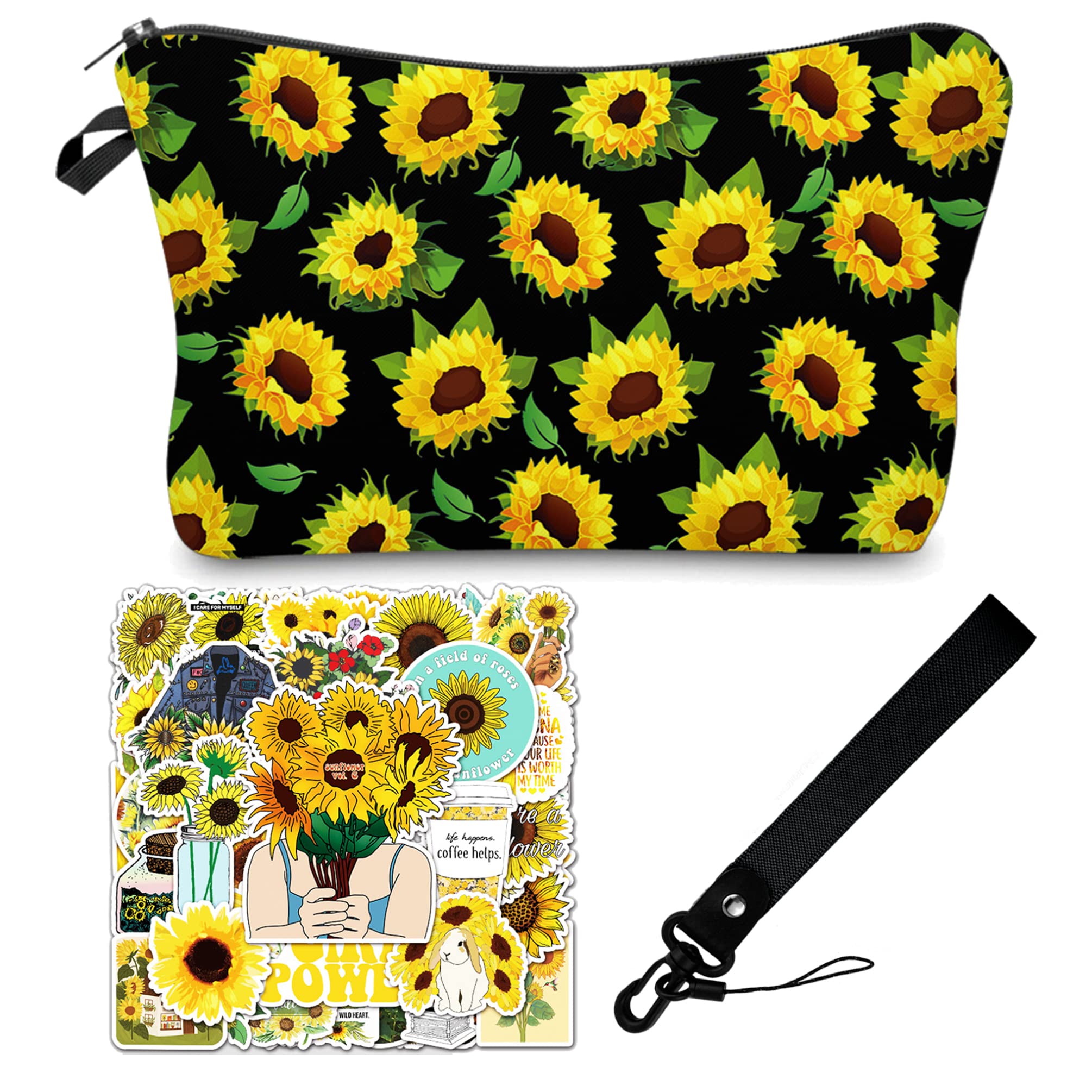 GIANCOMICSSunflower Small Makeup Bag with Wrist Strap, Cute Cosmetic Bag for Women, Lovely Sunflower Vinyl Stickers for Water Bottle, Small Toiletries Bag Make up Pouch Toiletry Bag