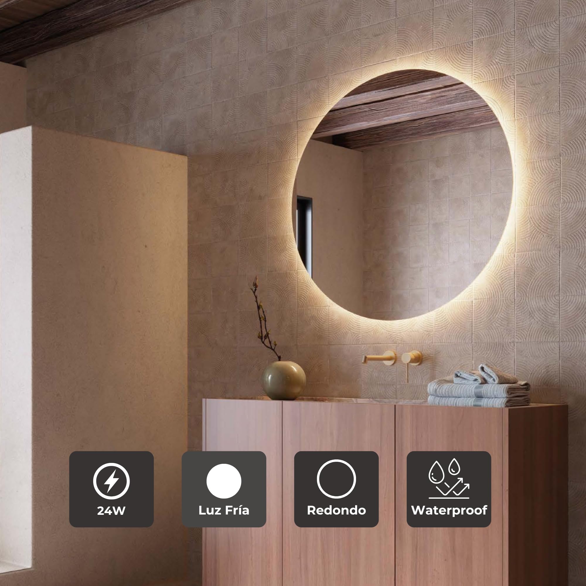 LEDIMEX - Espejo Redondo Baño con Luz LED 90cm Retroiluminado | Espejo Inteligente Pared con Luz Cálida 3000k sin Marco para Mueble de Baño | Serie Oporto