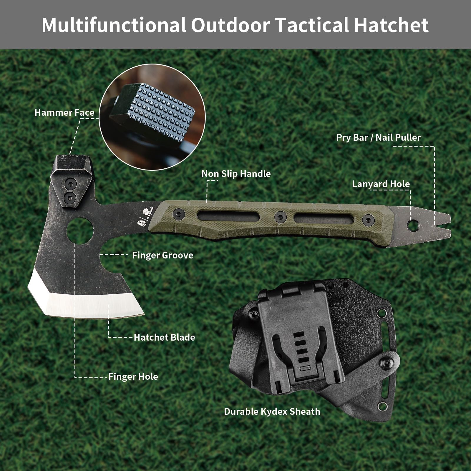 HX OUTDOORS Ascia Multifunzionale da Spaccatura, Ascia Tattica da Sopravvivenza Full Tang per Campeggio, da Bushcraft con Martello ed Estraichiodi (Verde Militare)