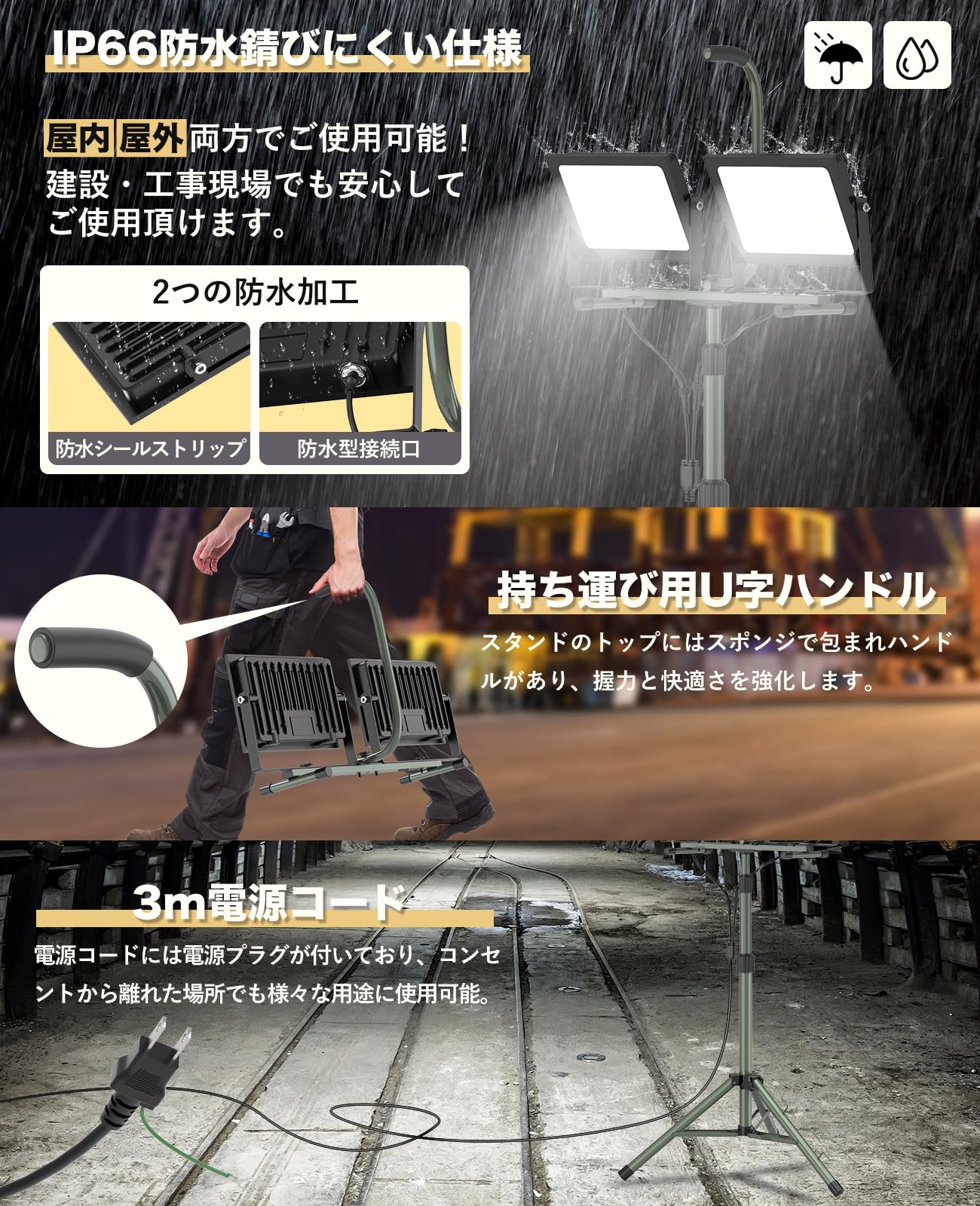 Amazon.co.jp: SUKITEN 投光器 LED スタンド付き 作業灯 160W 20000LM