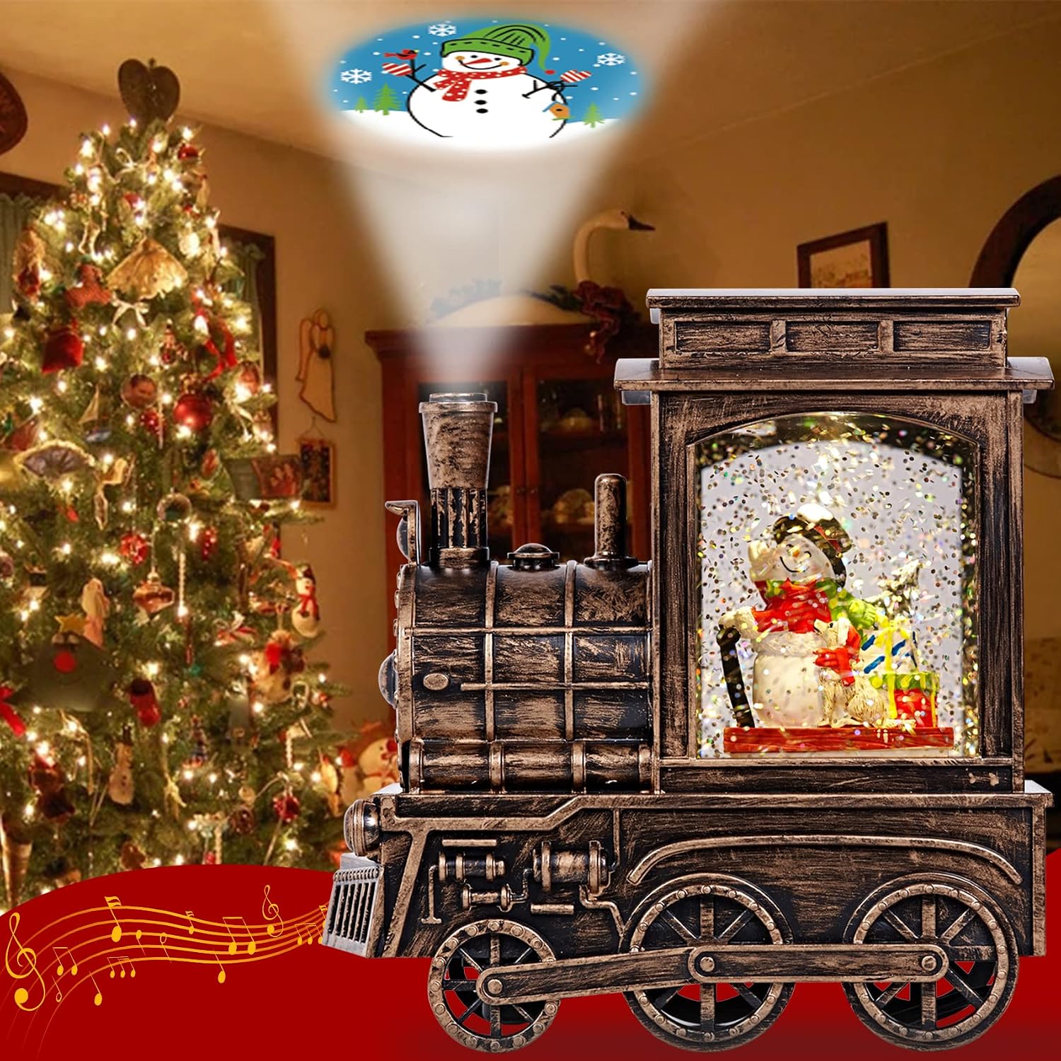 Christmas Snow Globes Train, Water Glittering Snow Globe Valentine USB & Battery Powered, Christmas Snow Globes Musical with LED Projection 6H Timer, Christmas Snow Globe for Valentine Gifts