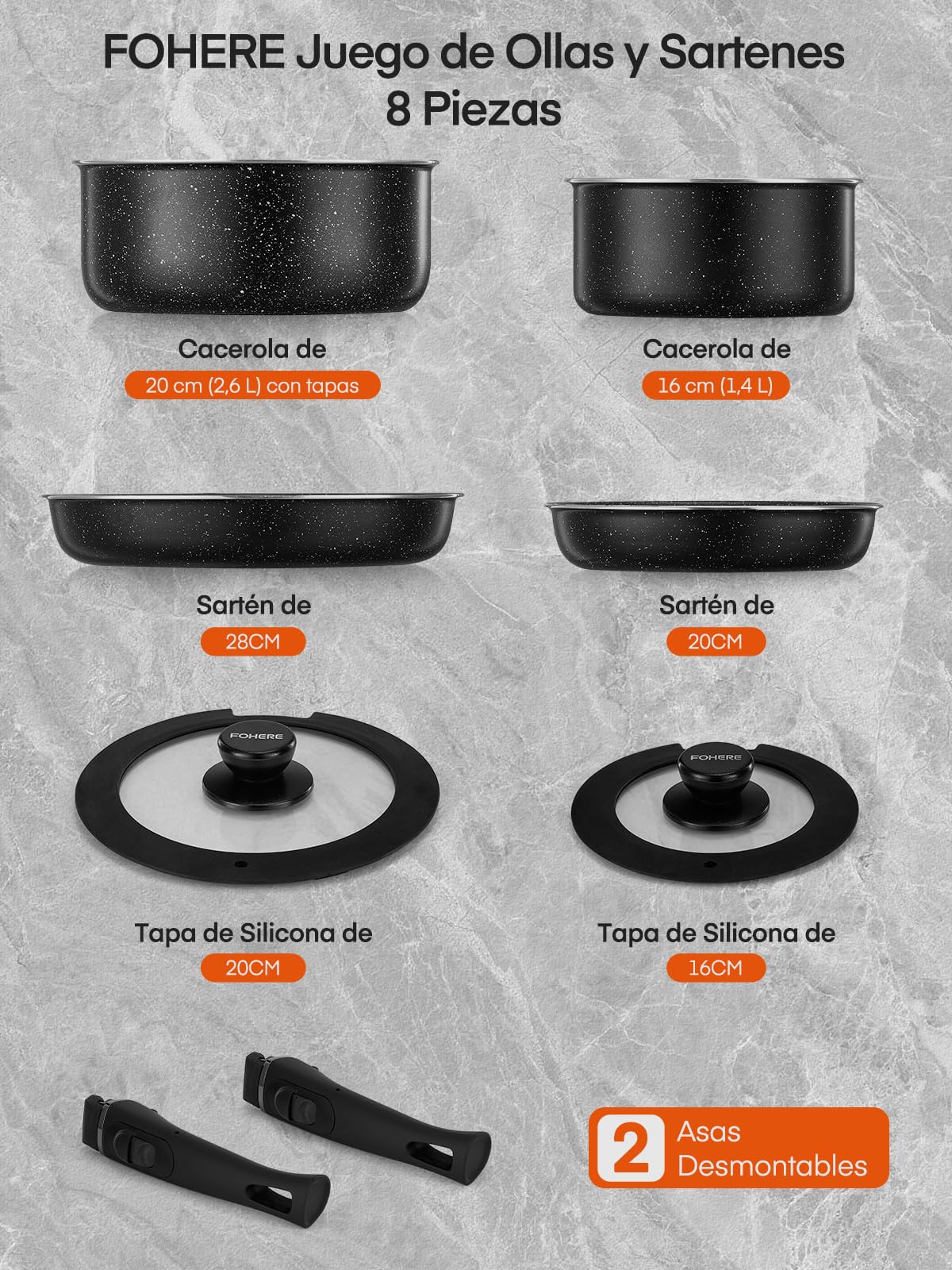 FOHERE Juego de Ollas y Sartenes con Mango Extraíble 8 Piezas, Aluminio | Ollas Cocina Antiadherentes, para Todas las Cocinas Incluso Inducción, apto Lavavajillas y Horno, Batería de Cocina con Tapas