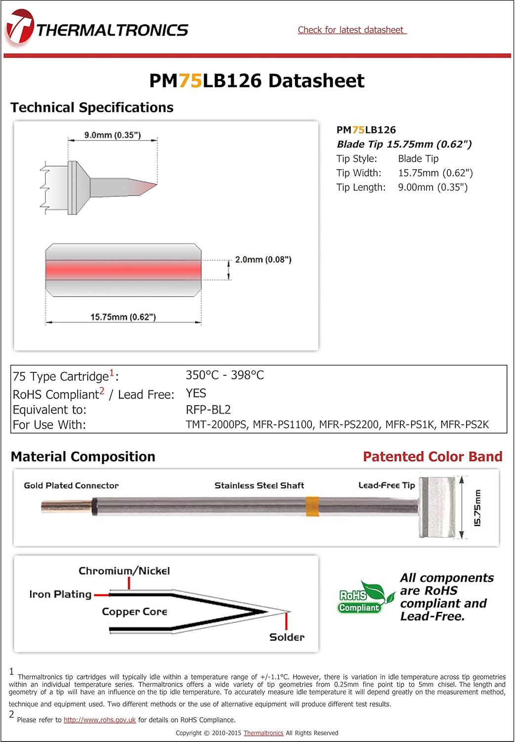 Thermaltronics PM75LB126 Blade Tip 15.75mm (0.62in) interchangeable for Metcal RFP-BL2