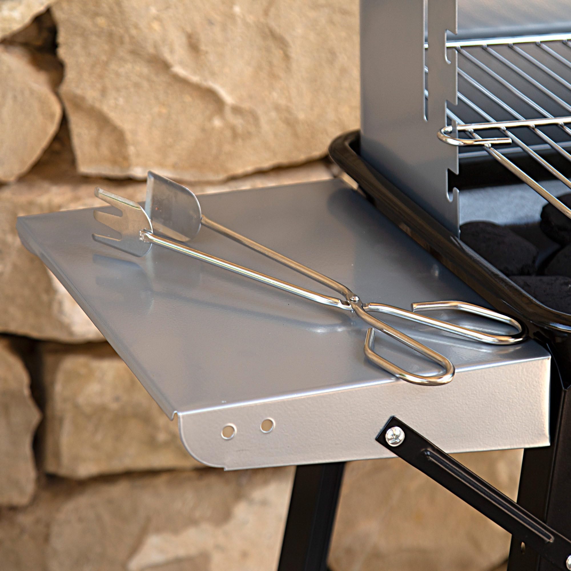 Aktive 52973 - Barbacoa carbón y leña 90x32x85 cm con control de temperatura y dos mangos extraíbles, 4 alturas regulables, 2 ruedas y asa de transporte, Fácil y rápida de montar
