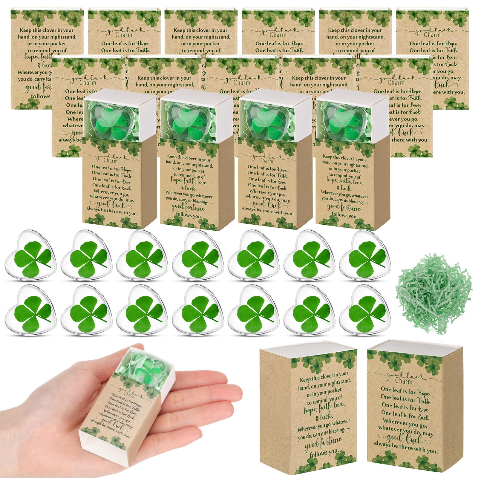 Bucherry 20 Set St. Patrick's Day Gift Bulk Four Leaf Clover Glass Token Charms with Greeting Boxes Irish Day Lucky Shamrock Gifts for DIY Friends Coworkers Employee Office Party Favors (Oval) — view 10