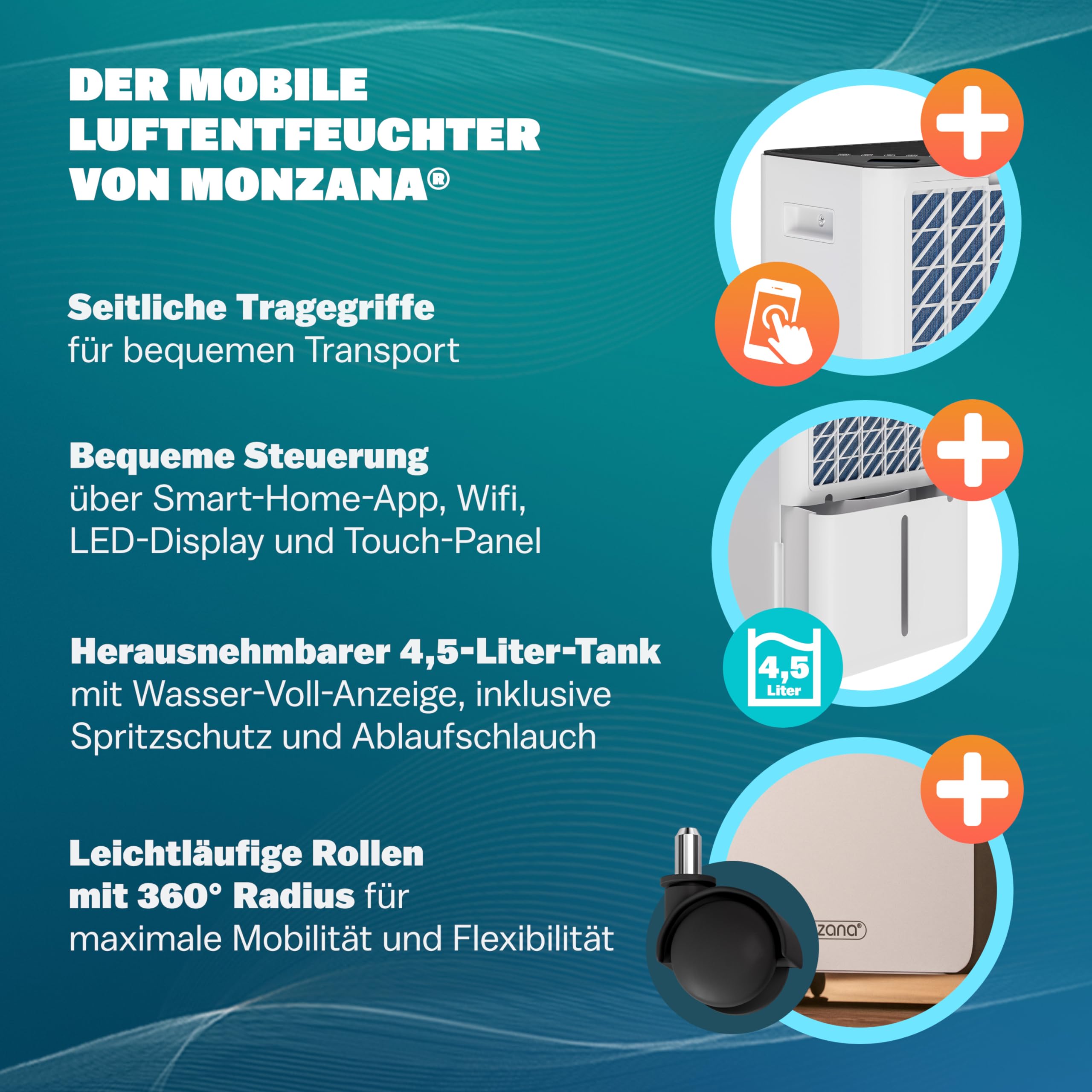 MONZANA® Luftentfeuchter elektrisch 20-30m² 20L/Tag LED-Display 24-Std-Timer Raumentfeuchter Bad Wohnung Wifi Smart Home App Luftreiniger Allergiker
