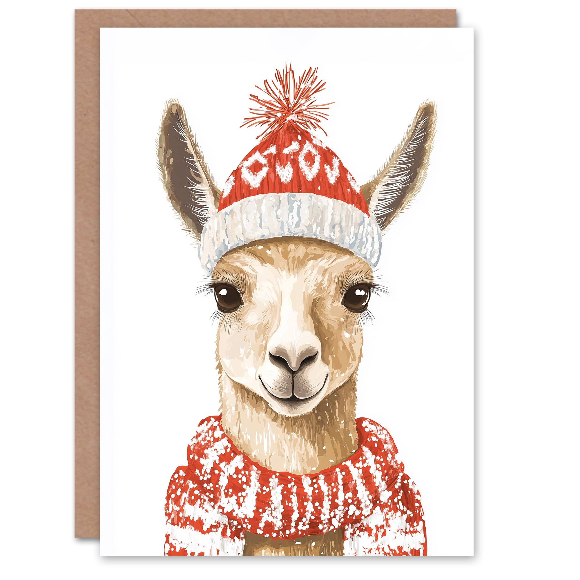 Cute Llama With Red Winter Hat Scarf Watercolour Christmas Greeting Card