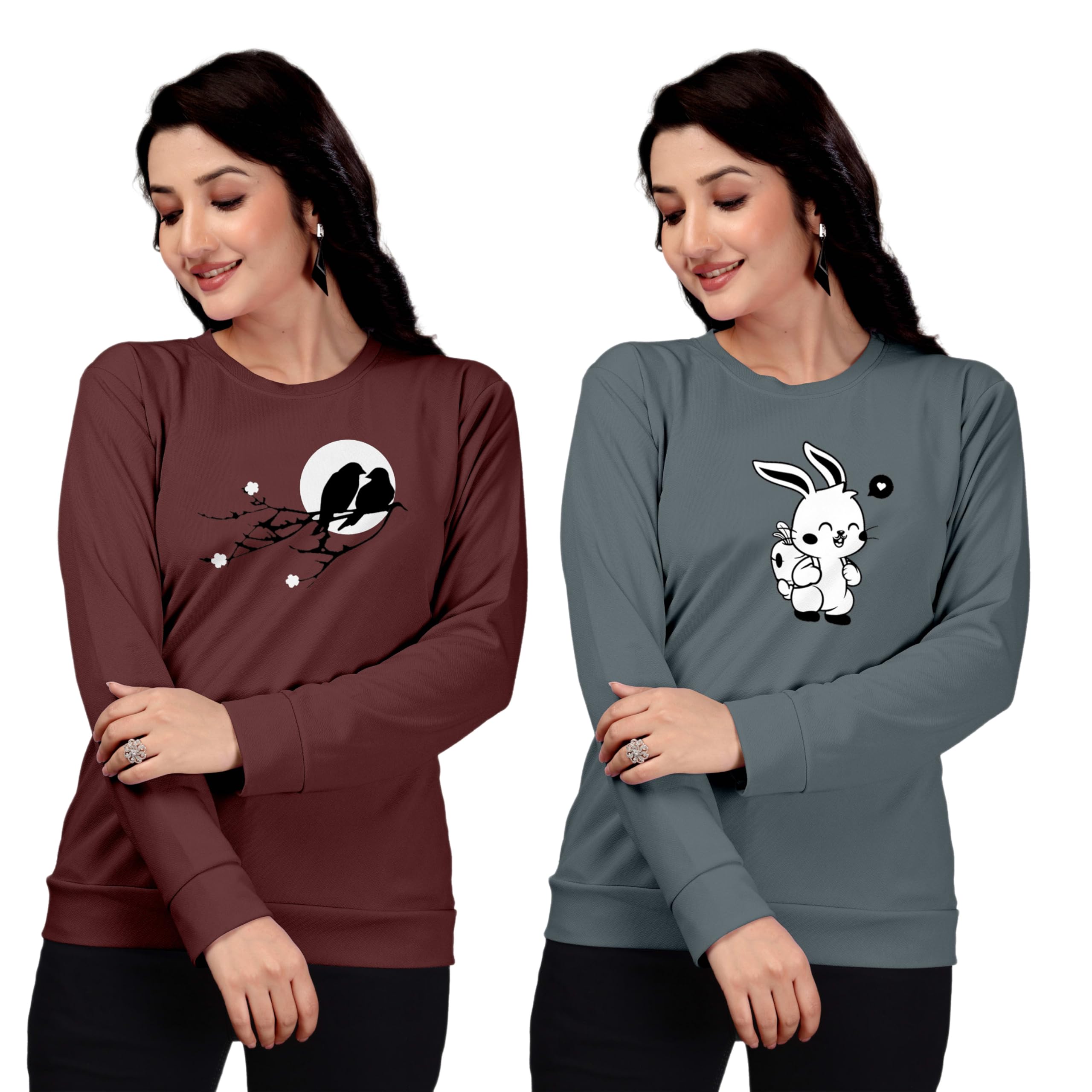 zentworld Women Cotton Blend Printed T-Shirt Combo | Full Sleeve Round Neck Casual Wear for Girls_(Pack of 2)-picture-18
