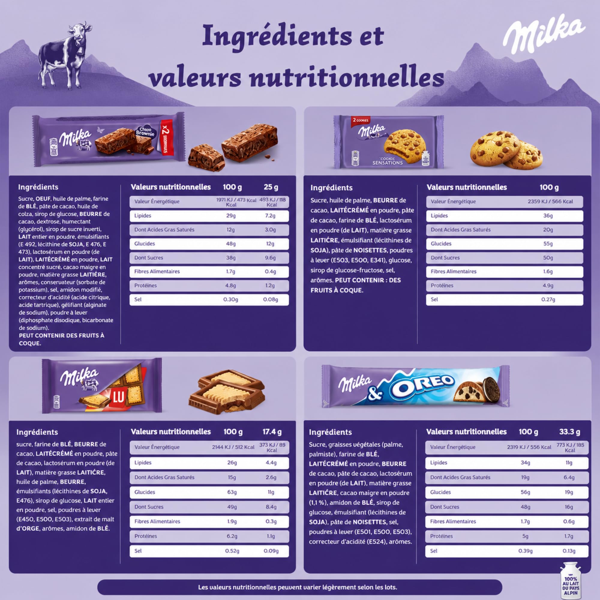 MILKA, OREO - 20 Barres Chocolat, Biscuits Individuels : Cookies, Brownie