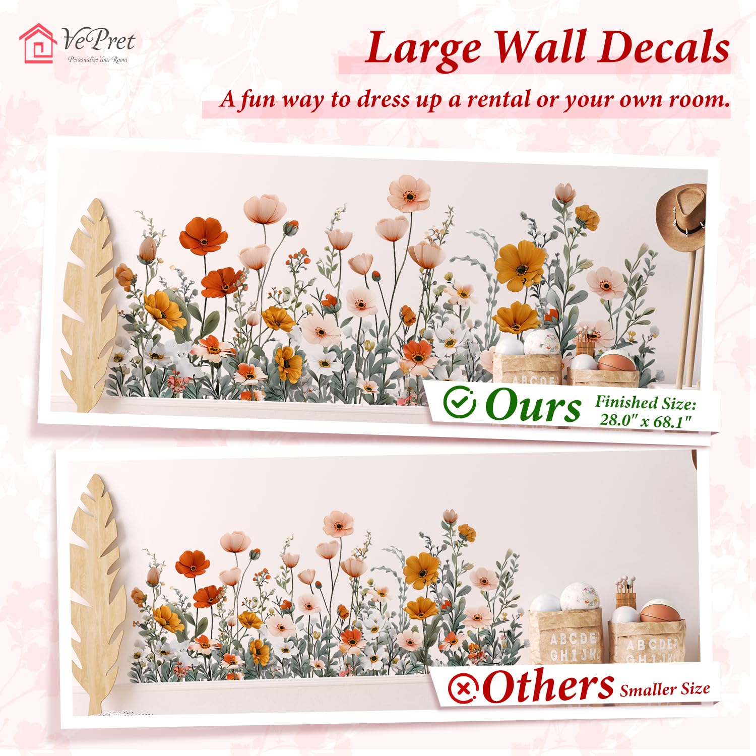 VePret Large Pink Wildflowers Wall Decals, Peel and Stick Removable Floral Botanical Wall Stickers - Image 4