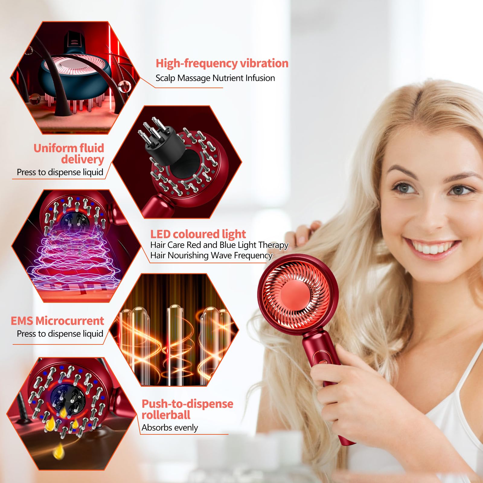 Spazzola elettrica per massaggio del cuoio capelluto, massaggiatore elettrico per cuoio capelluto 2 in 1, applicatore di olio per capelli con luce rossa, 4 modalità di massaggio e cura del (Rosso)