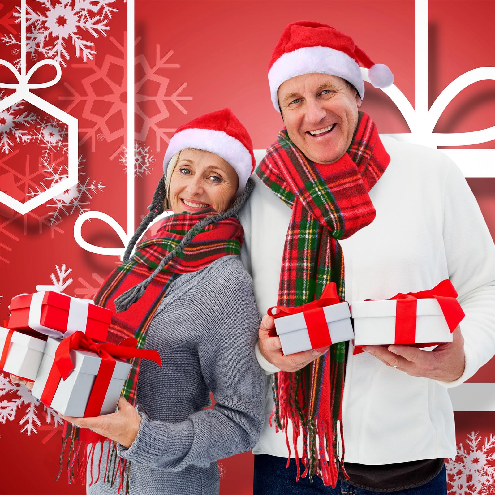 Coume Ensemble bonnet de Père Noël et écharpe pour adultes, écharpe d'hiver à carreaux chaud avec pompon pour homme et femme, cadeaux de vacances